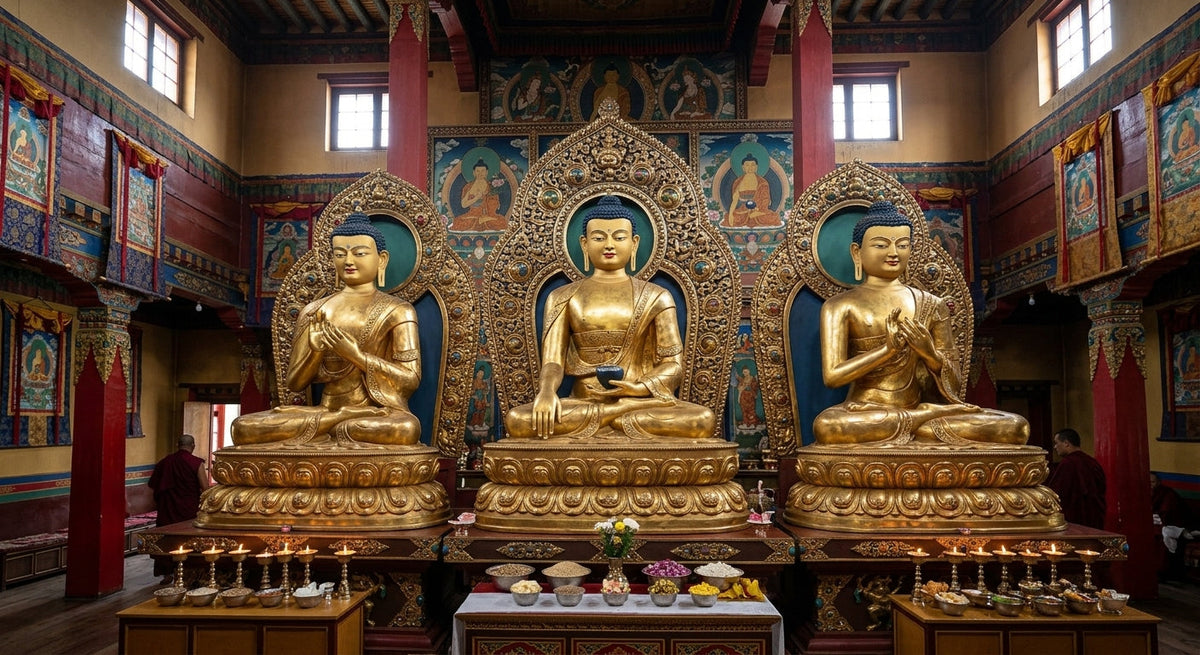 Three golden statues of the Buddhas of the Three Times—Dipankara (Past), Shakyamuni (Present), and Maitreya (Future)—are displayed on ornate pedestals within a traditional Tibetan monastery shrine, flanked by monks, flickering butter lamps, and offerings.