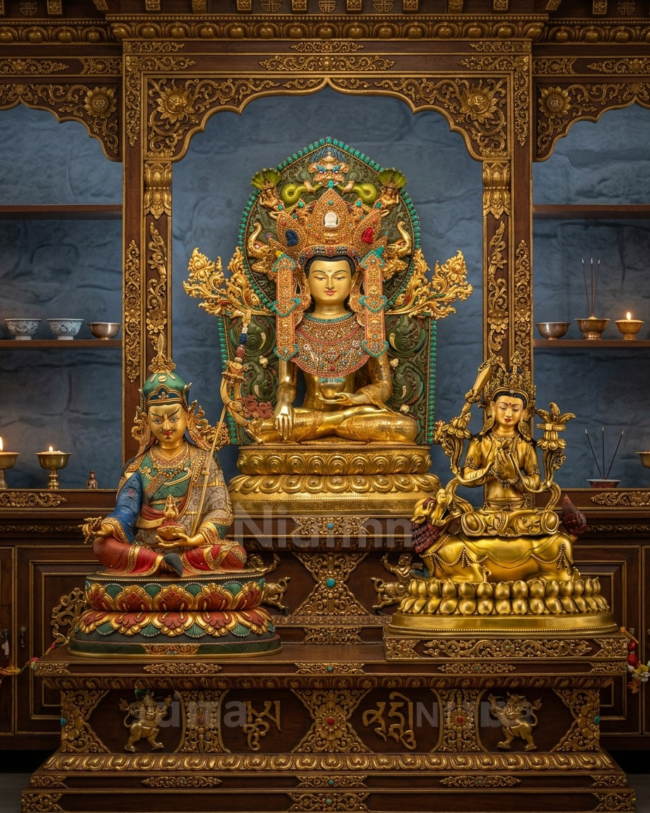 Traditional Nepalese Buddhist statue with an ornate lotus throne, decorative halo, and carved pedestal.