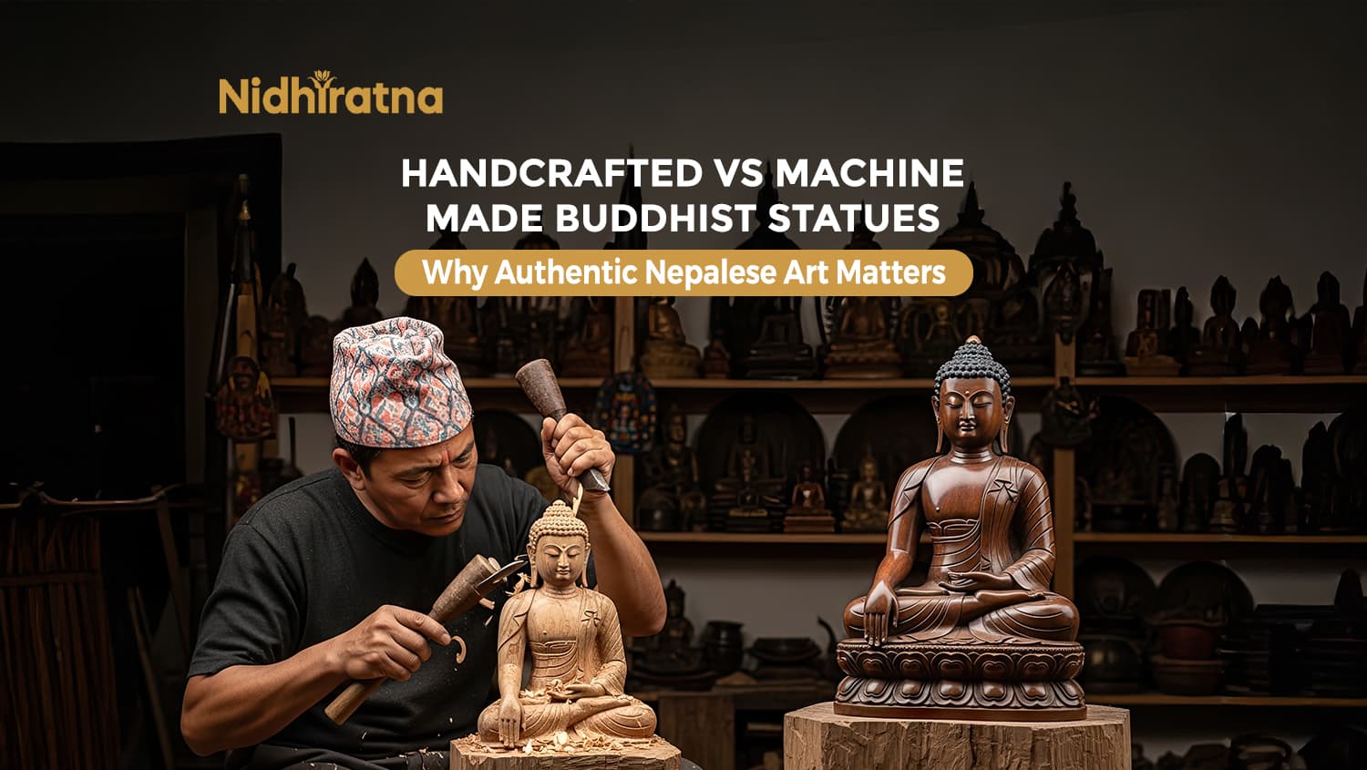 Handcrafted vs machine-made Buddhist statues in Nepal, showing an artisan carving a wooden Buddha statue beside a finished sculpture, highlighting authentic Nepalese craftsmanship