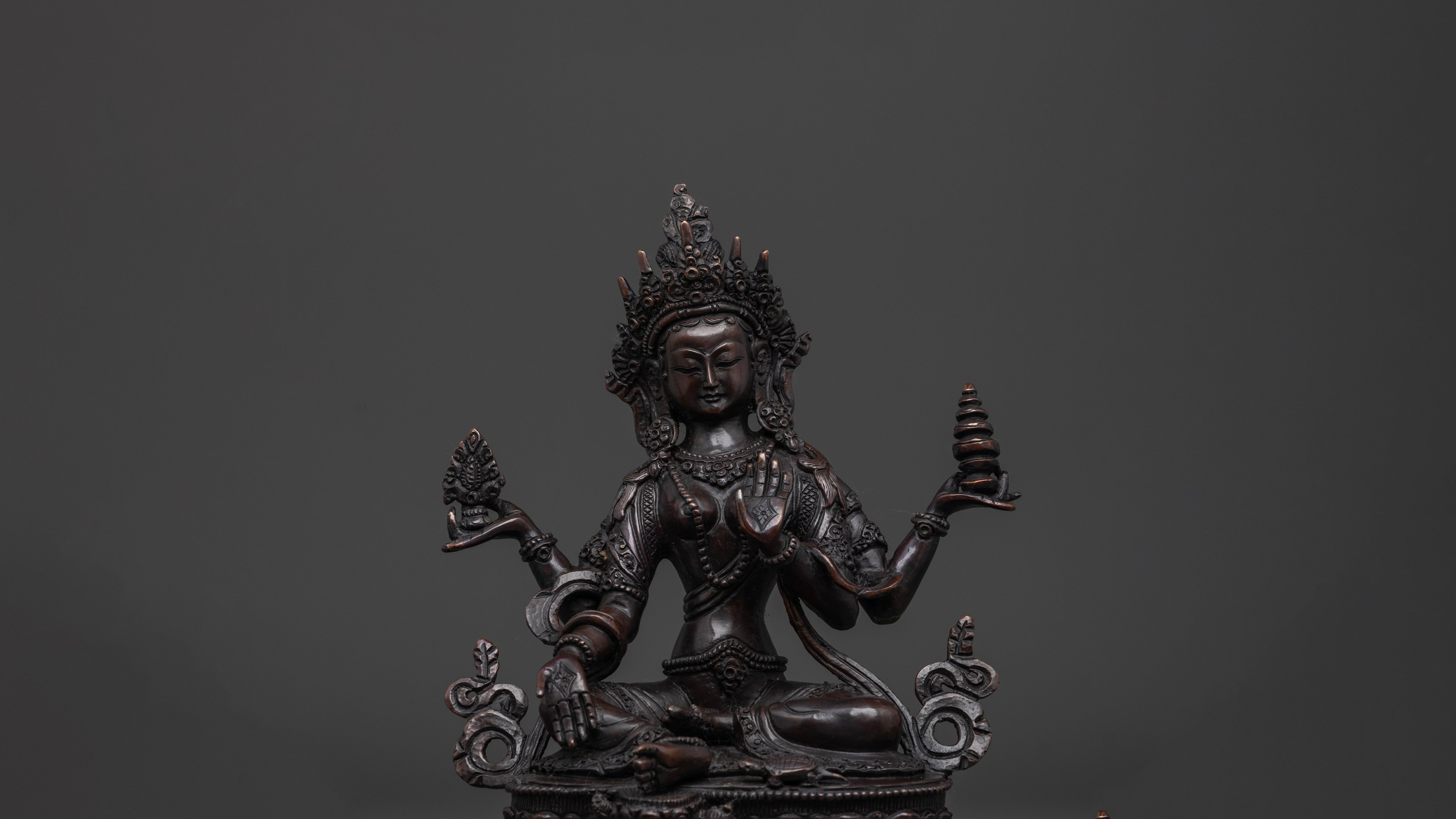 dark brown oxidized copper statue of laxmi with intricate carvings
