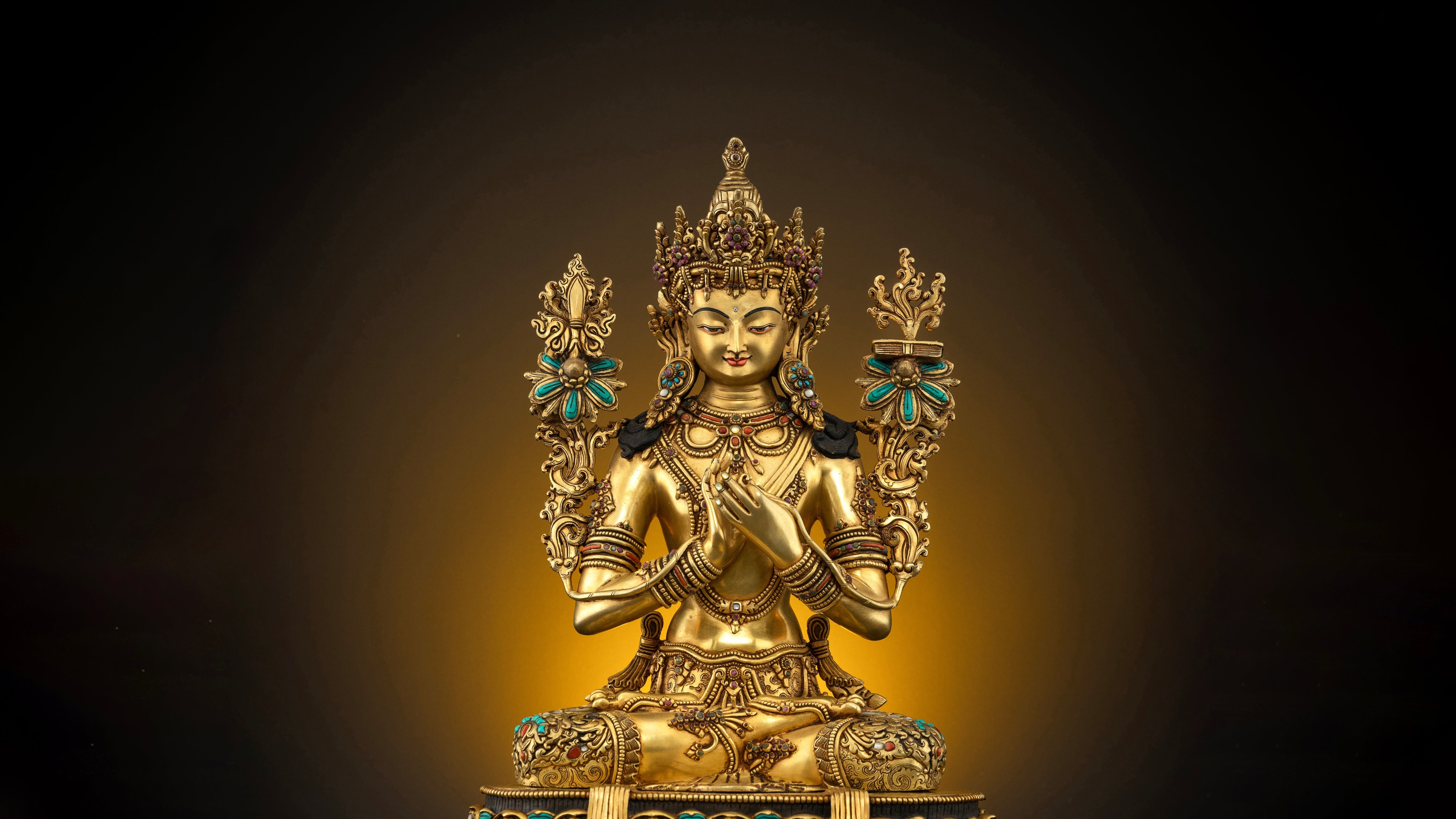 Pure gold plated manjushri statue with Dharmachakra mudra