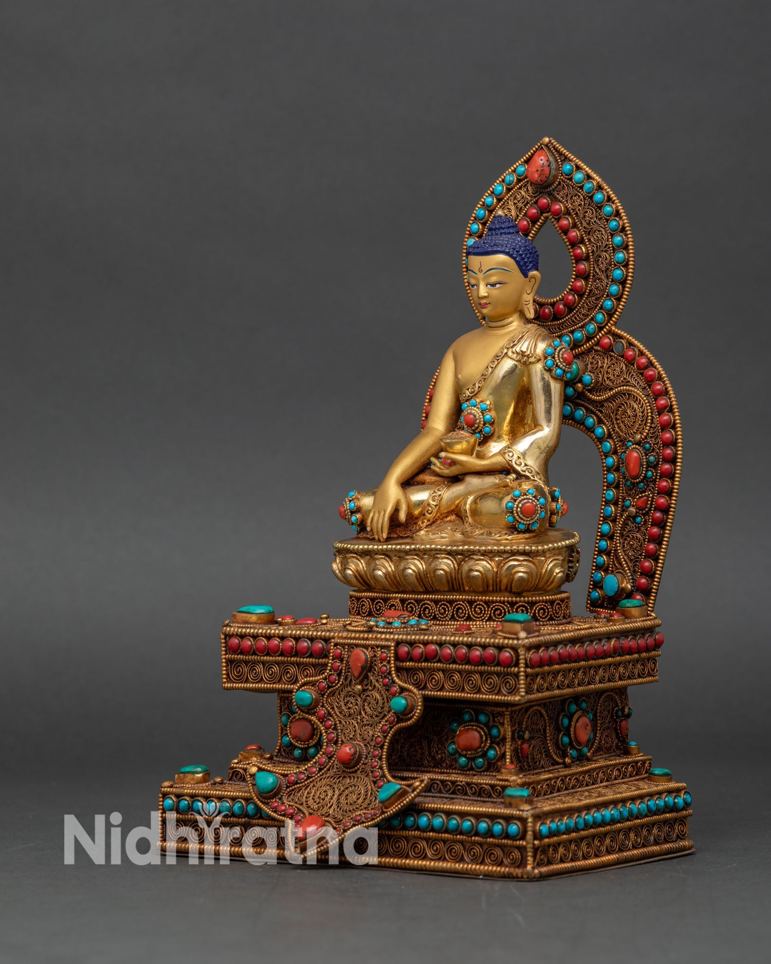Buddha Shakyamuni Statue on Ornate Throne | Spiritual Altar Art