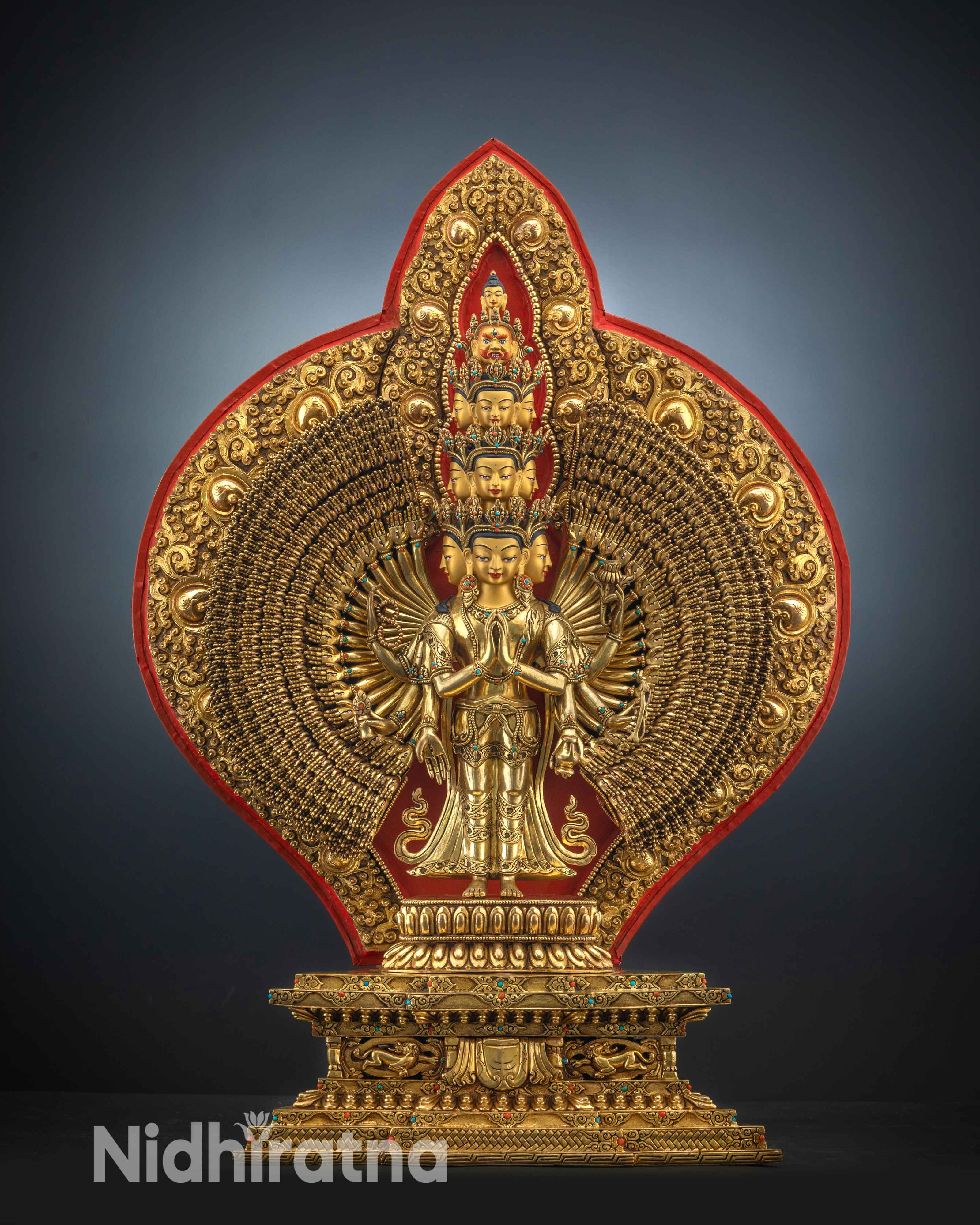 1000 Armed Chenrezig Statues Collection β Handcrafted Gold-Gilded and Oxidized Copper Avalokiteshvara Bodhisattva of Compassion, Traditional Nepali Art for Home Altar & Decor