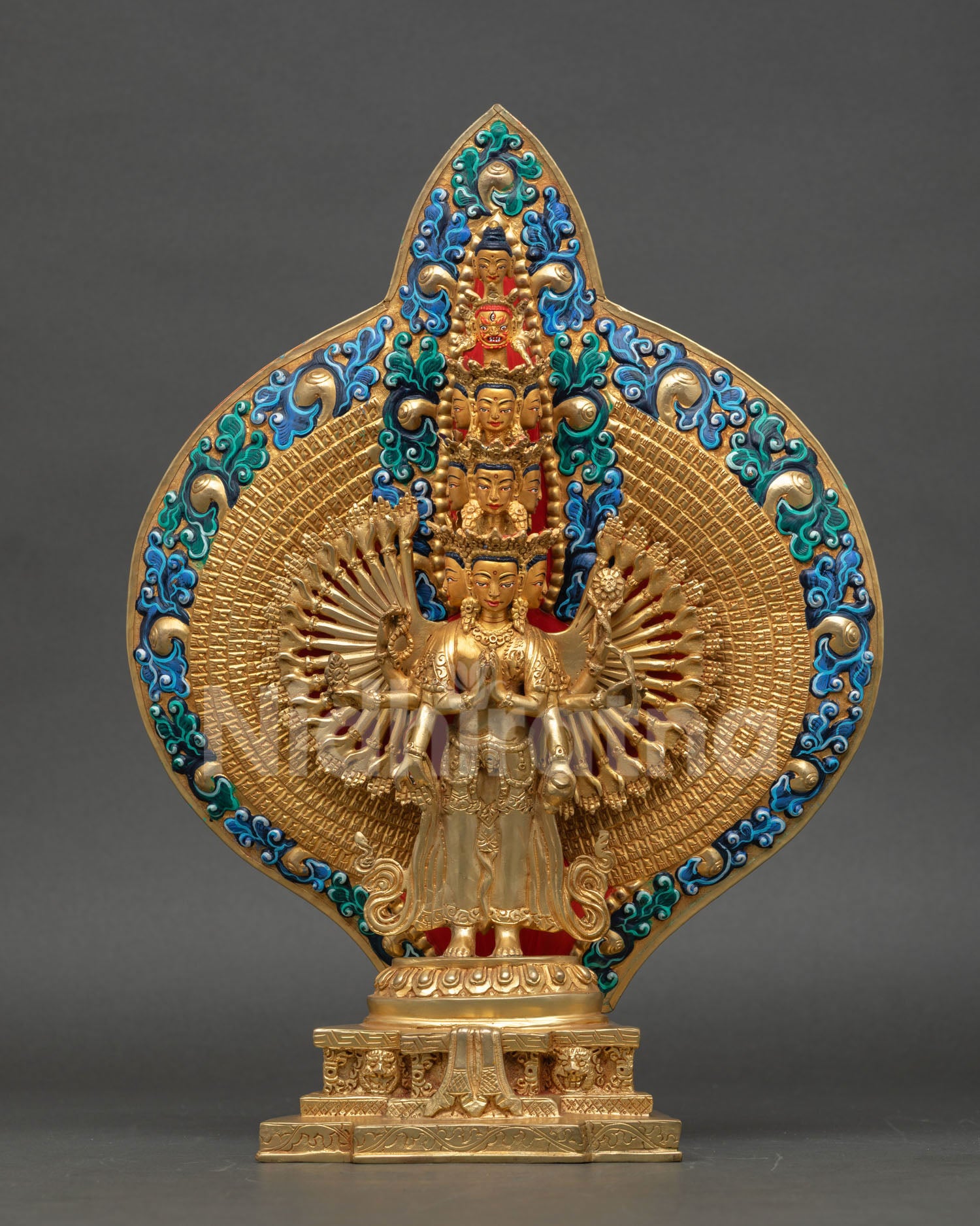 1000 armed avalokiteshvara statue with gold gilding and lotus pedestal from nepal