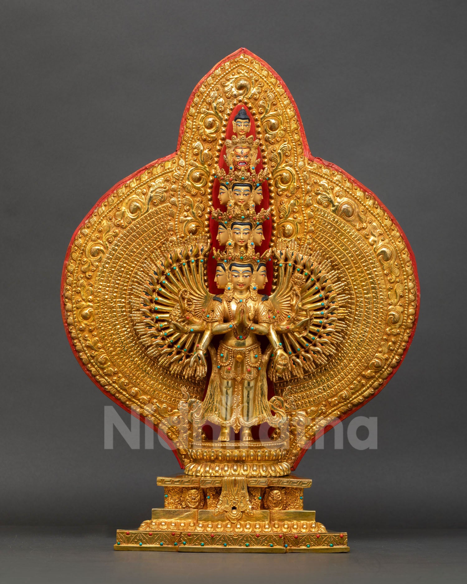1000 Armed Chenrezig statue with gold fire gilding and ornate throne handcrafted in Nepal