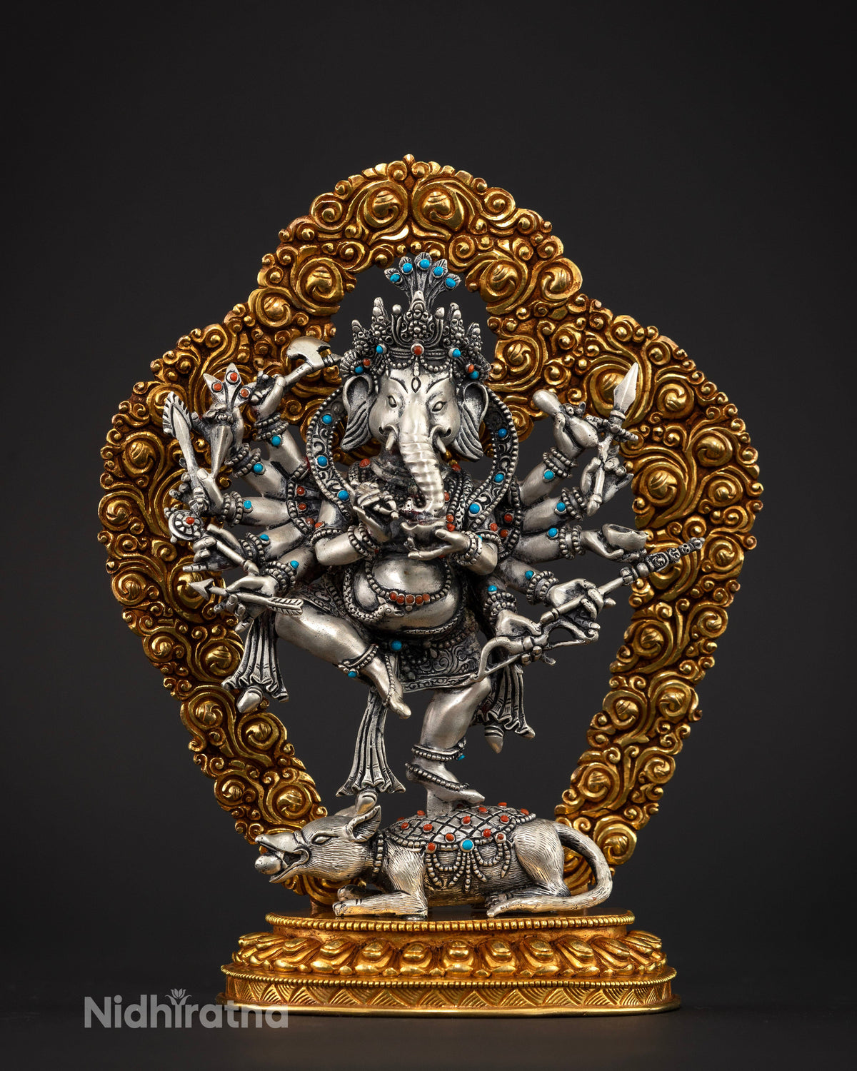 12-armed Ganesh statue crafted from pure silver with semi precious stones by Newari artisans in Patan, Nepal