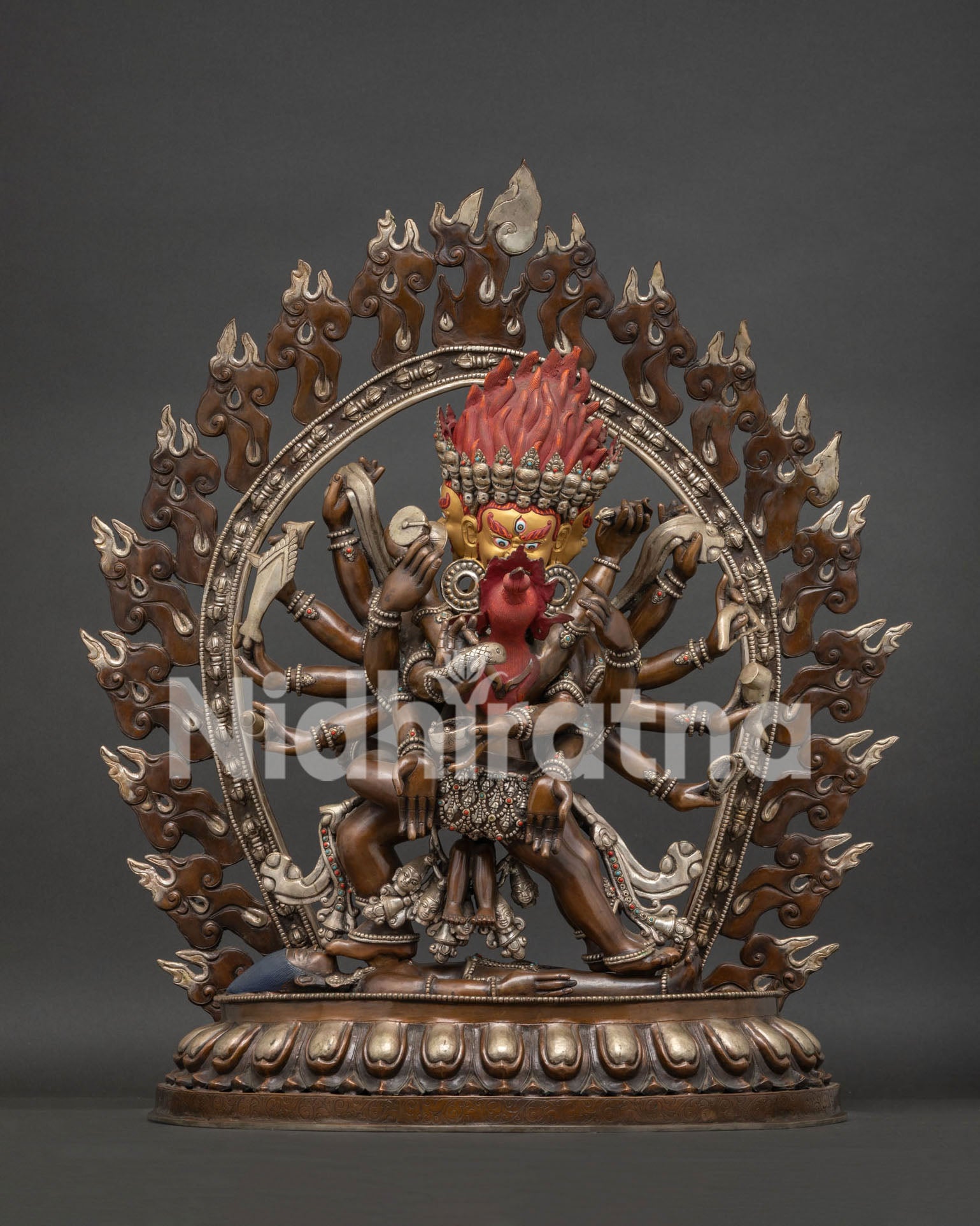 14-Armed Mahakala Yab-Yum copper statue with silver plating and gemstones, Nepal tantric Buddhist art