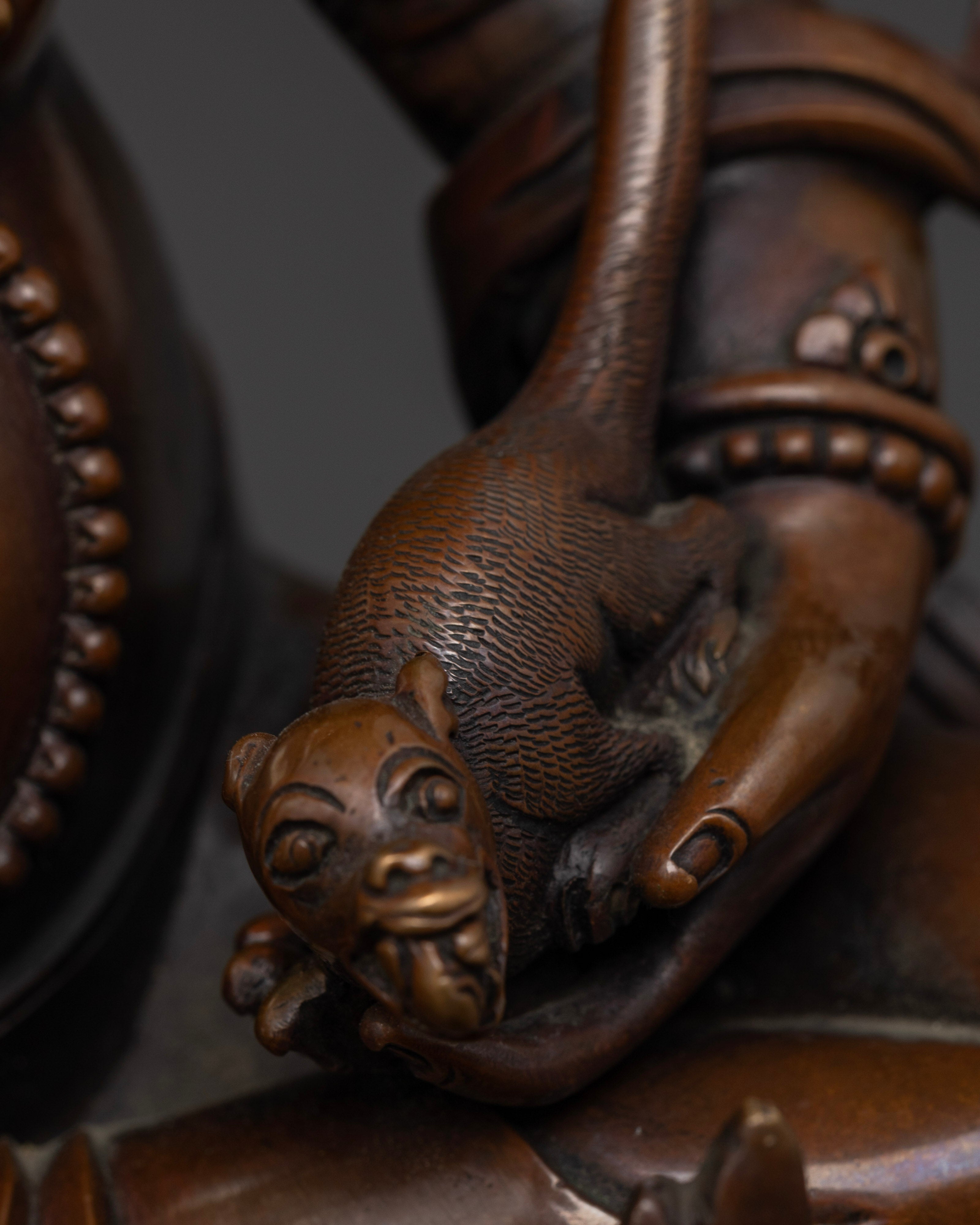 Hand-Carved Dzambhala Statue in Oxidized Copper