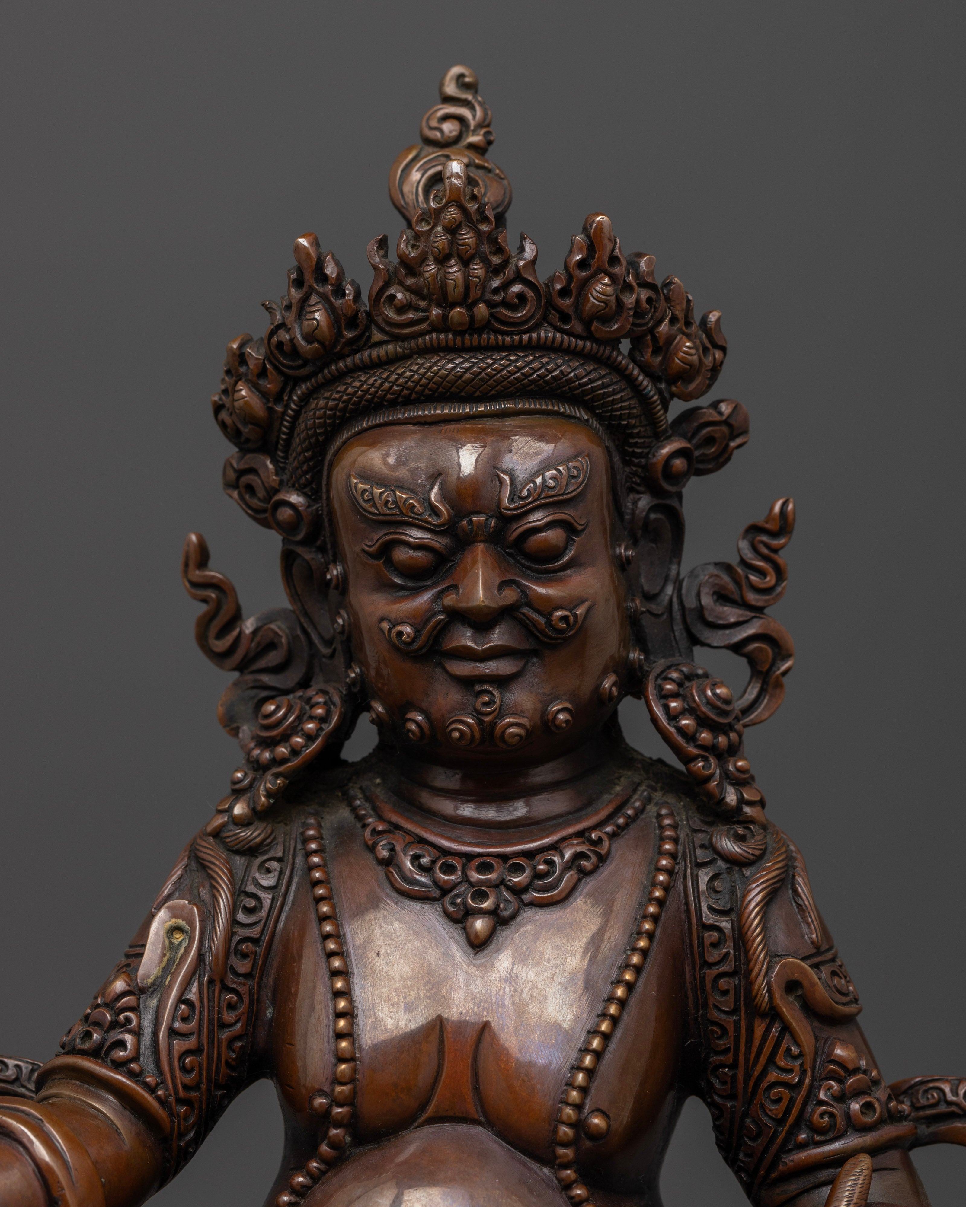 Hand-Carved Dzambhala Statue in Oxidized Copper