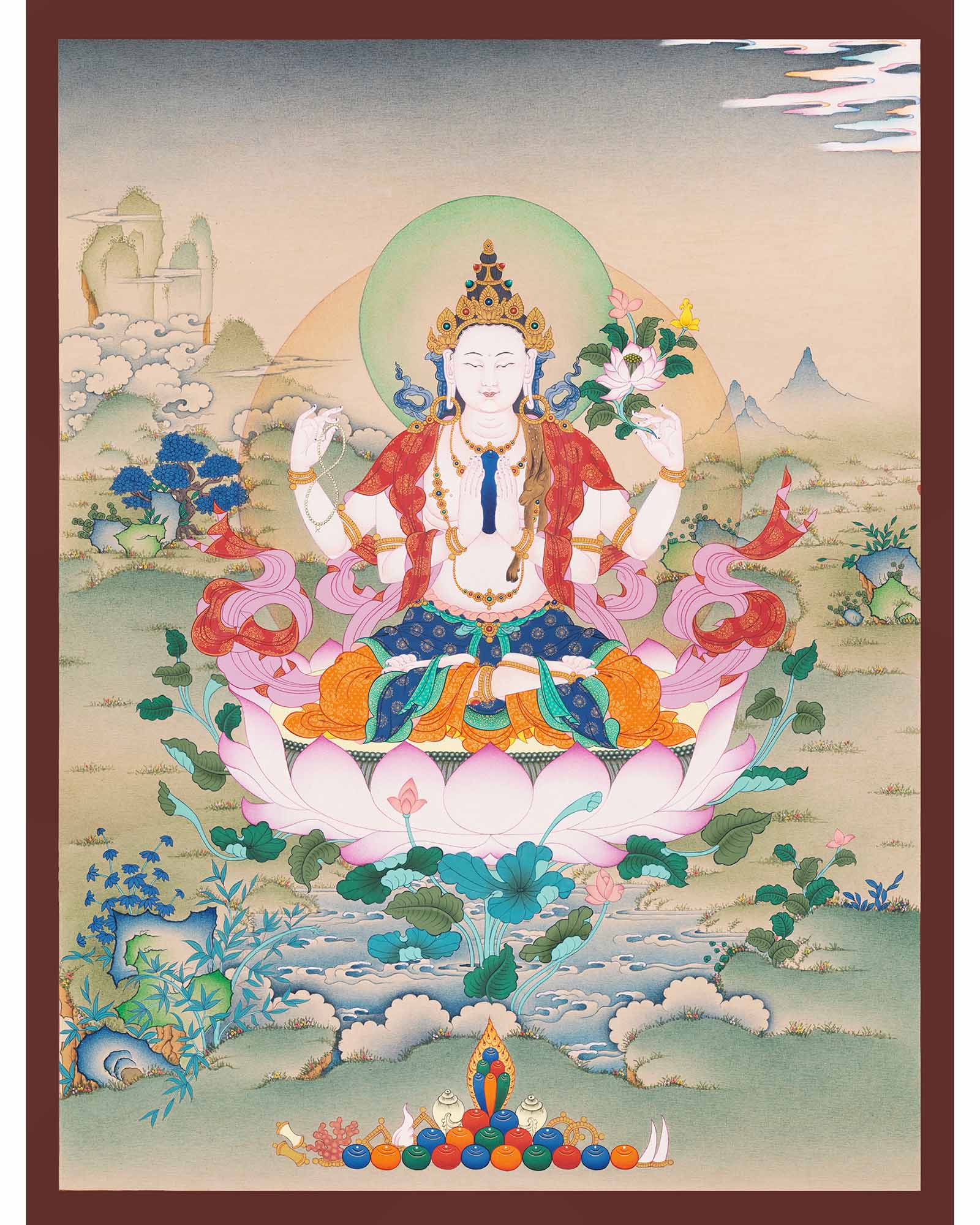 Chenrezig Thangka Print – Tibetan Buddhist Wall Art from Nepal