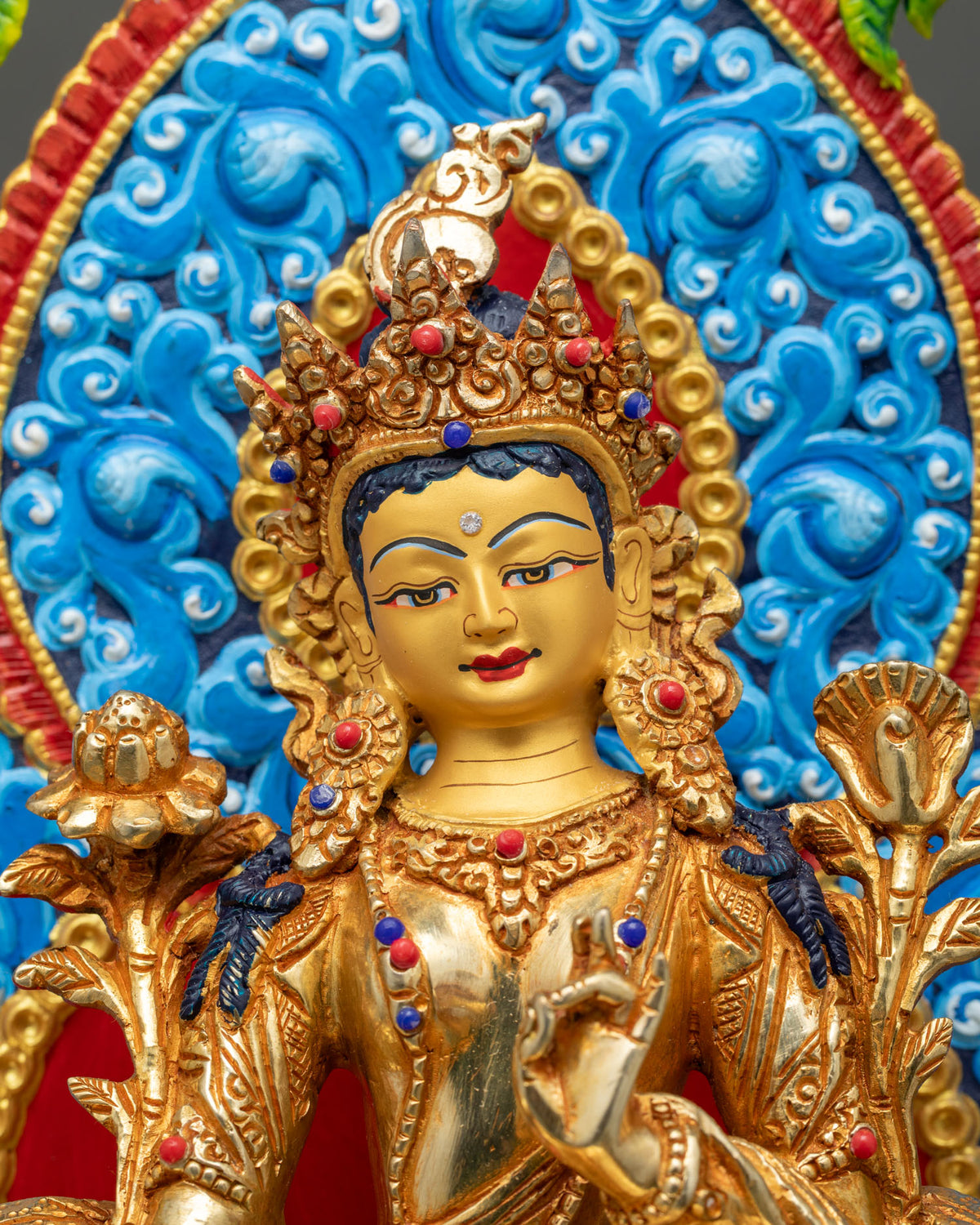 21 Tara Statue Set - Close-up of Green Tara on Gold Plated Throne