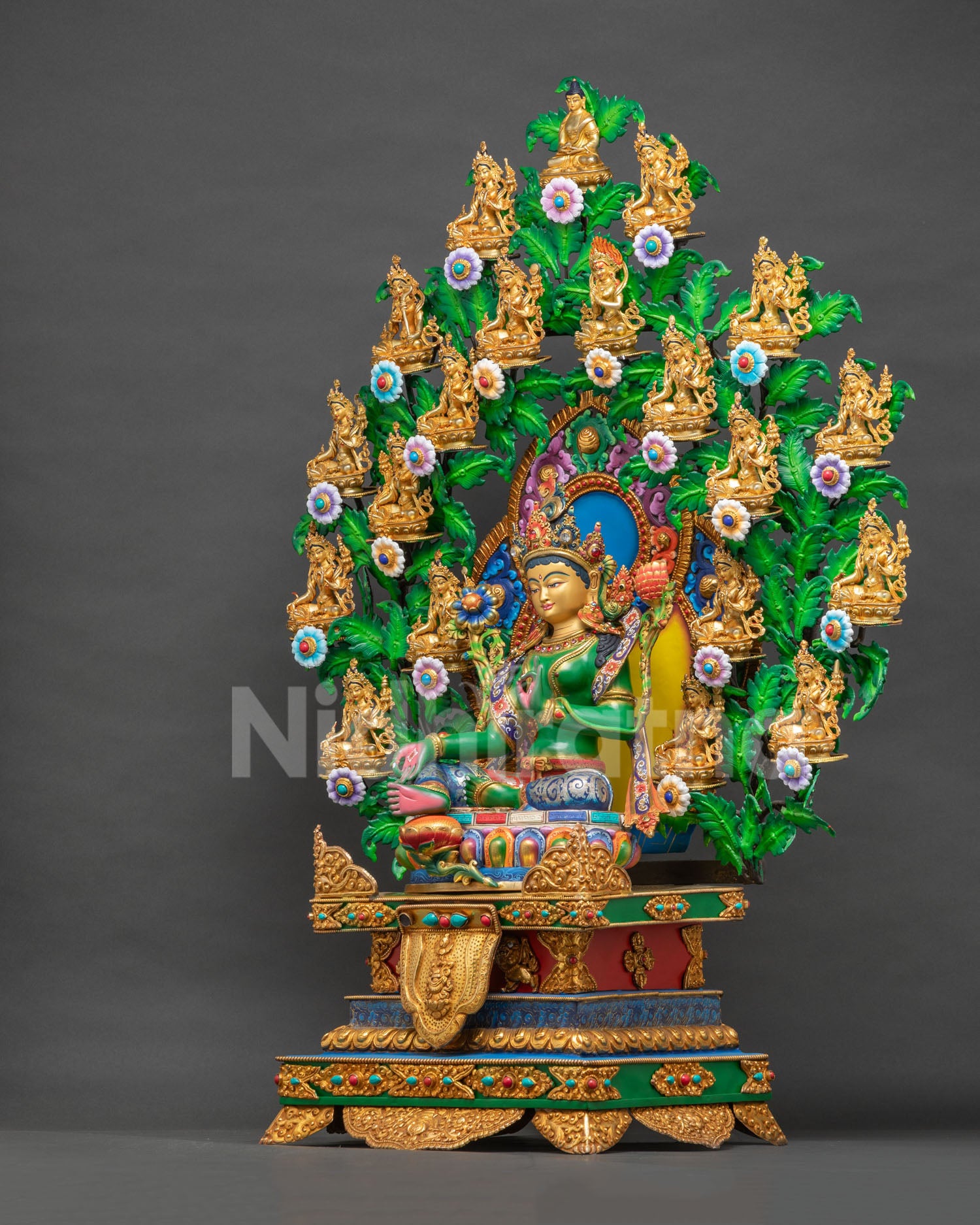 21 Tara Statue Set Left Side View - Fire Gilded Copper Nepalese Sculpture
