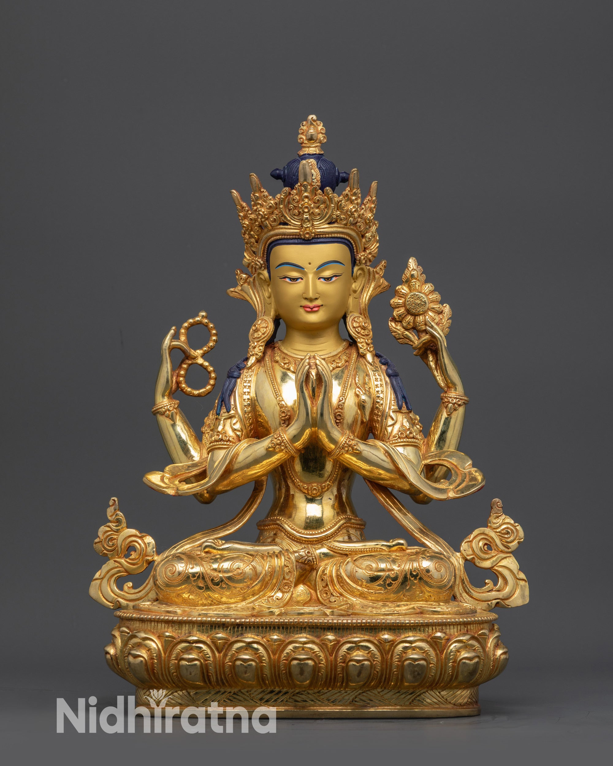 24K Gold Chenrezig Avalokiteshvara Statue Front View Handmade in Nepal