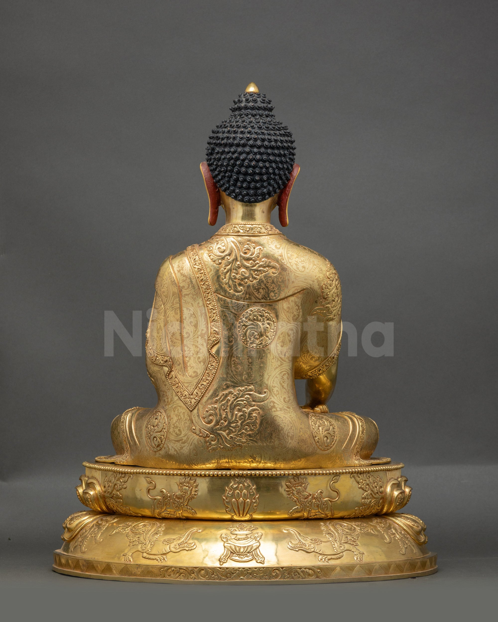 24K Gold Fire-Gilded Shakyamuni Buddha Sculpture on Double-Layered Lotus Seat with Treasure Vase