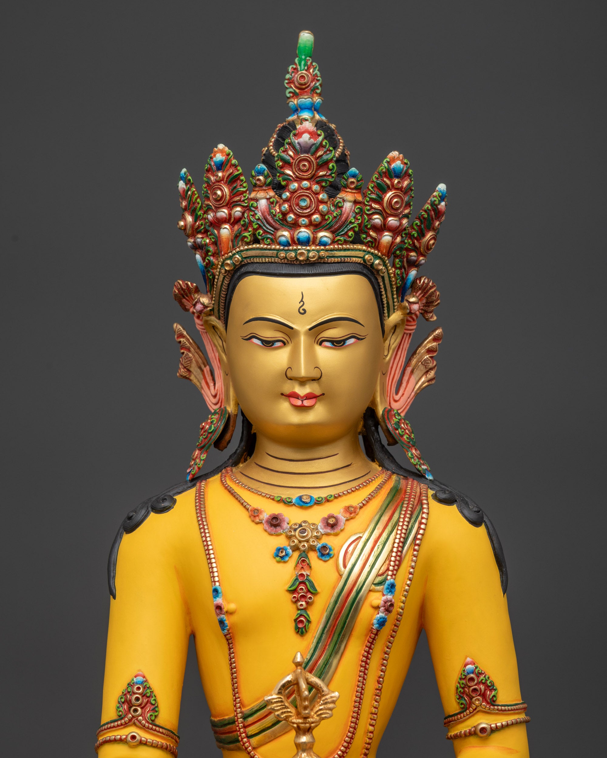 24K gold gilded Mitrugpa Buddha face hand-painted Himalayan Buddhist sculpture detail