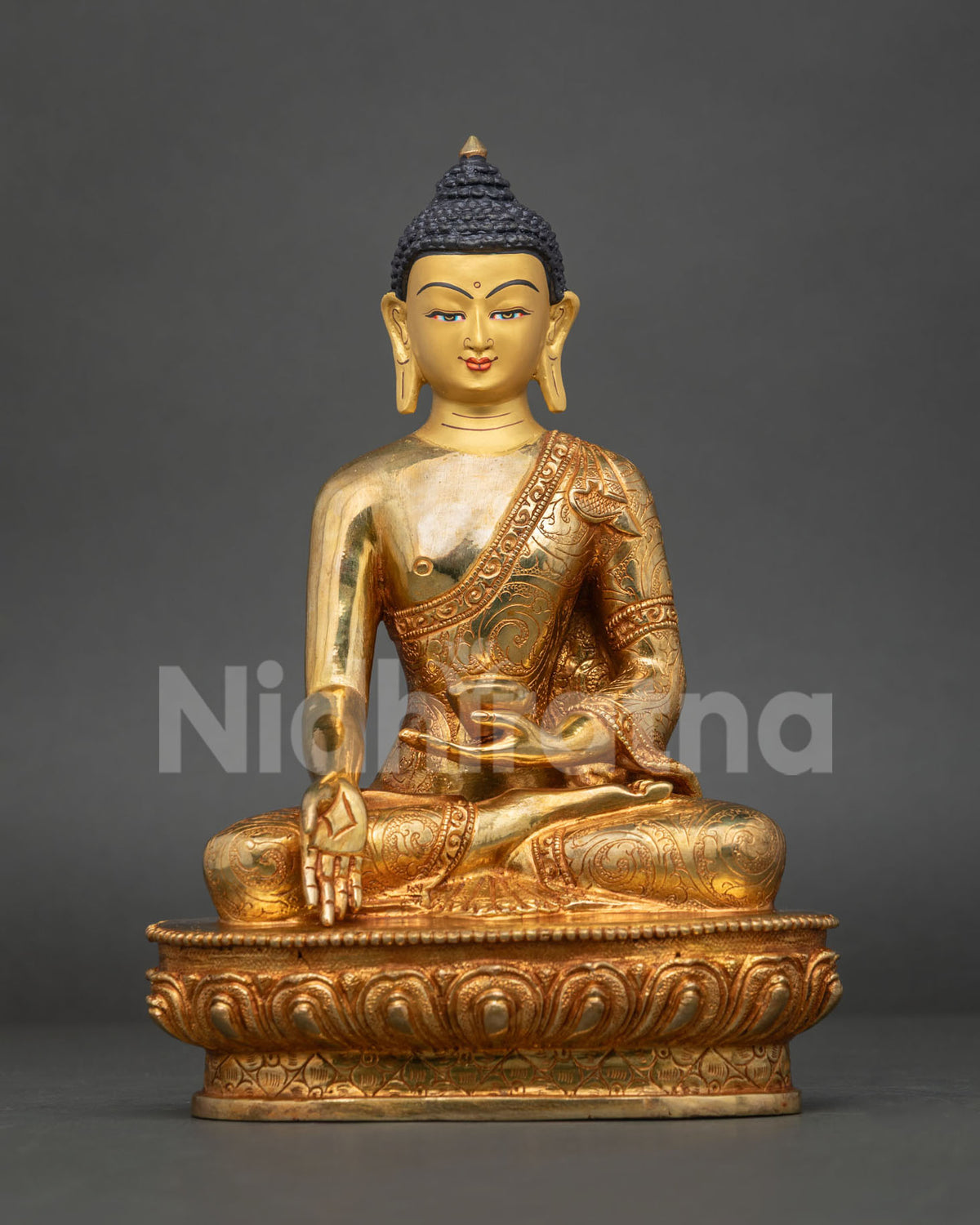 24K gold fire-gilded Buddha statue in earth-touching mudra, handcrafted copper Himalayan figurine