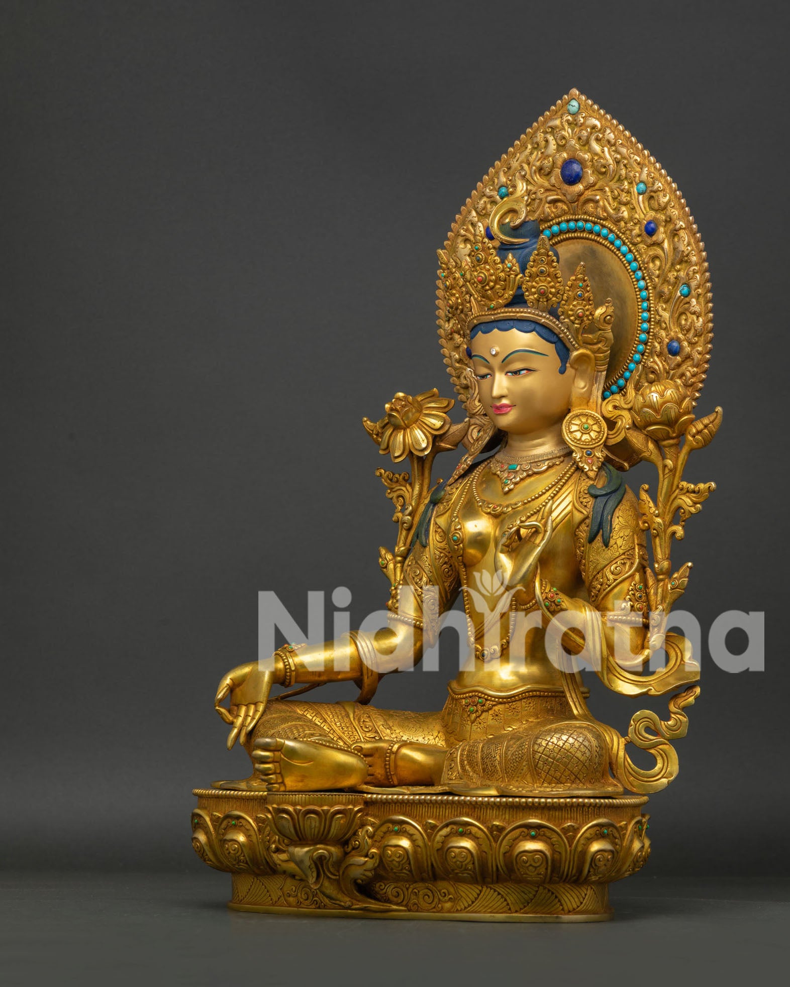 24K Gold-Gilded Green Tara Statue Left View for Buddhist Altar