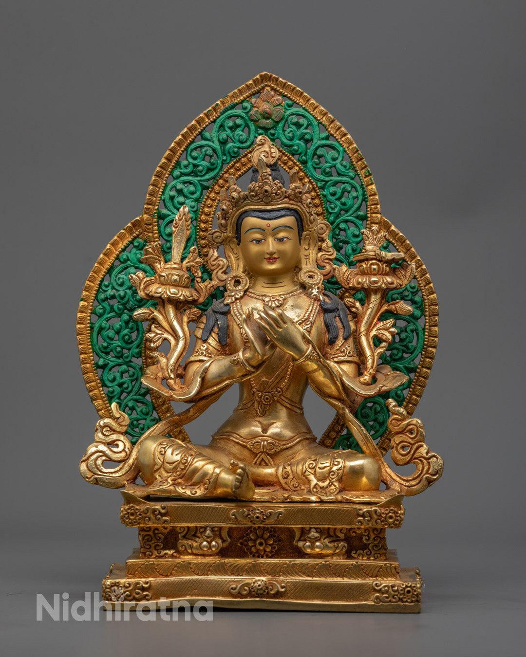 24k gold-gilded face on authentic Bodhisattva Manjushri statue with fire gold-gilded copper body