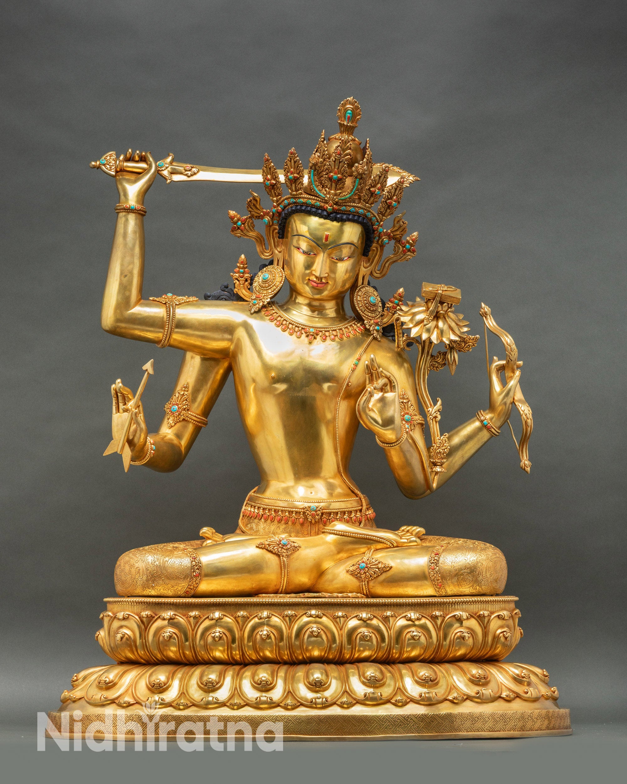38-inch tall Maha Manjushri statue front view with four arms, jeweled crown, lotus throne, and 24K gold fire-gilded finish