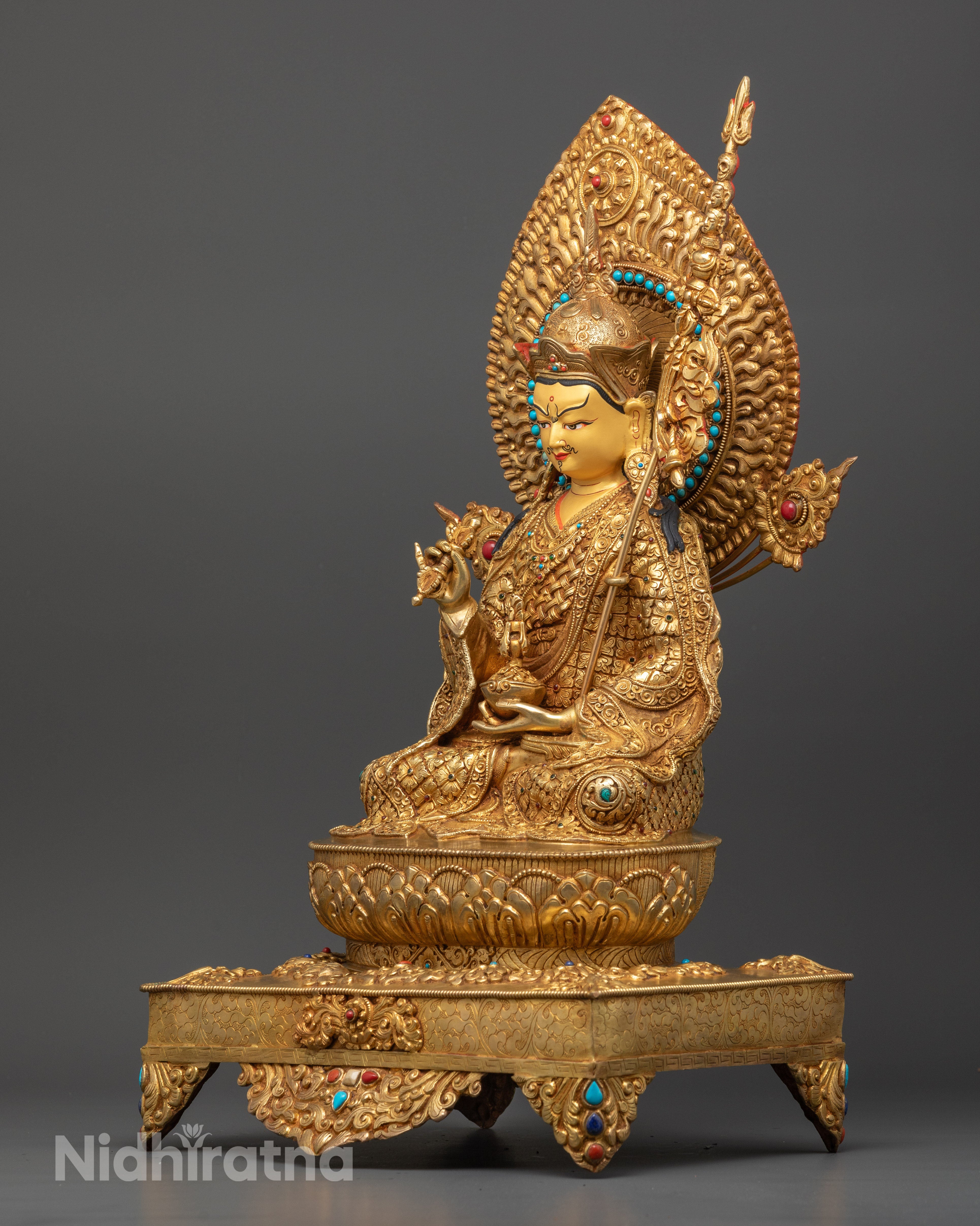 Sacred Padmasambhava Statue on Throne: Unique Nepalese Sculpture