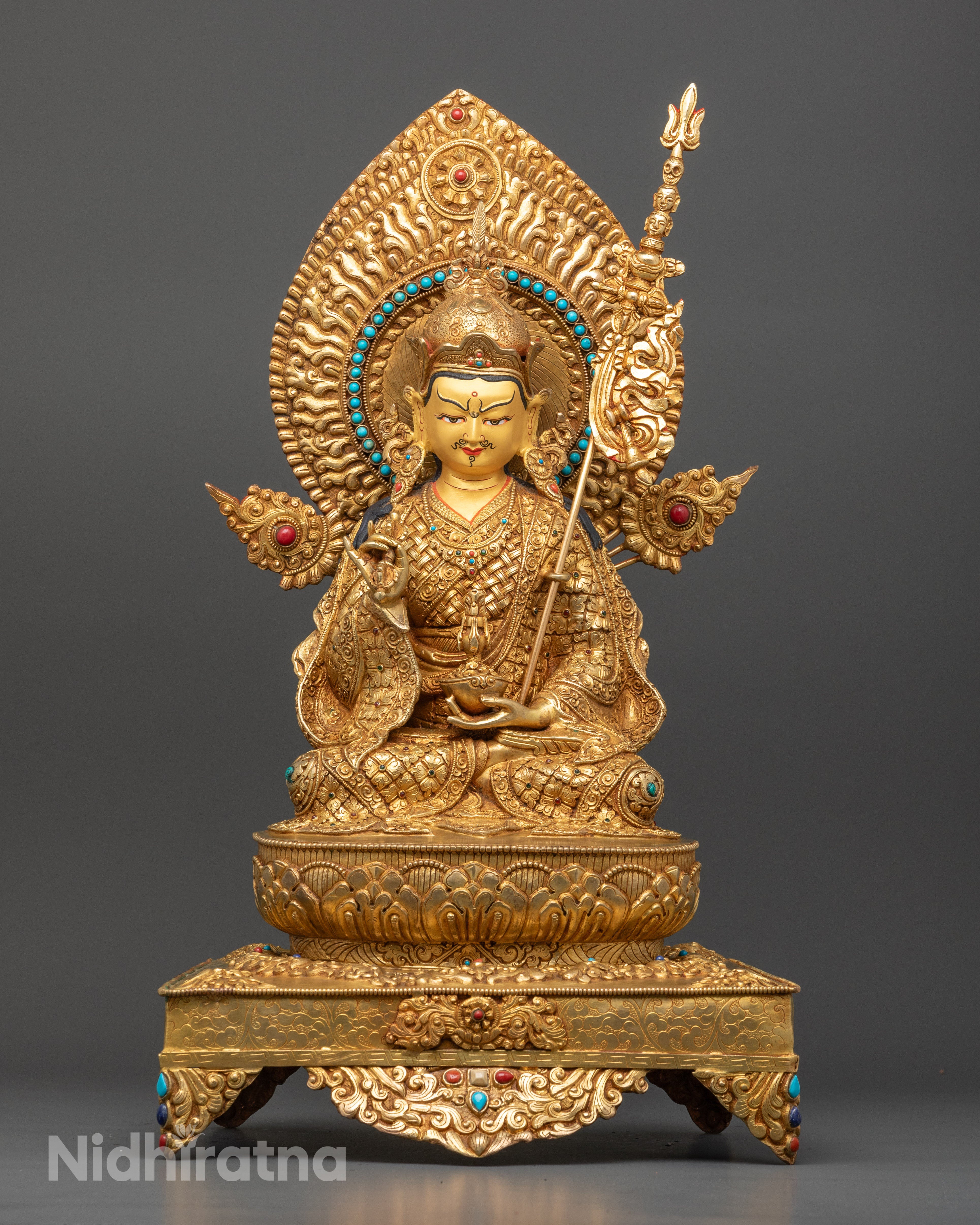 Sacred Padmasambhava Statue on Throne: Unique Nepalese Sculpture