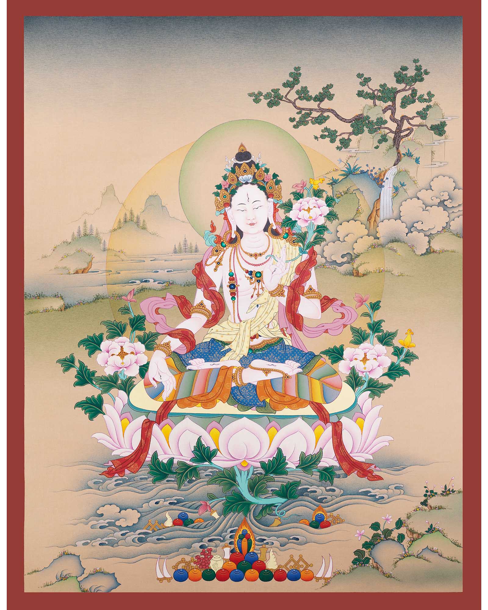 White Tara Thangka Print from Nepal for Meditation & Spiritual Decor