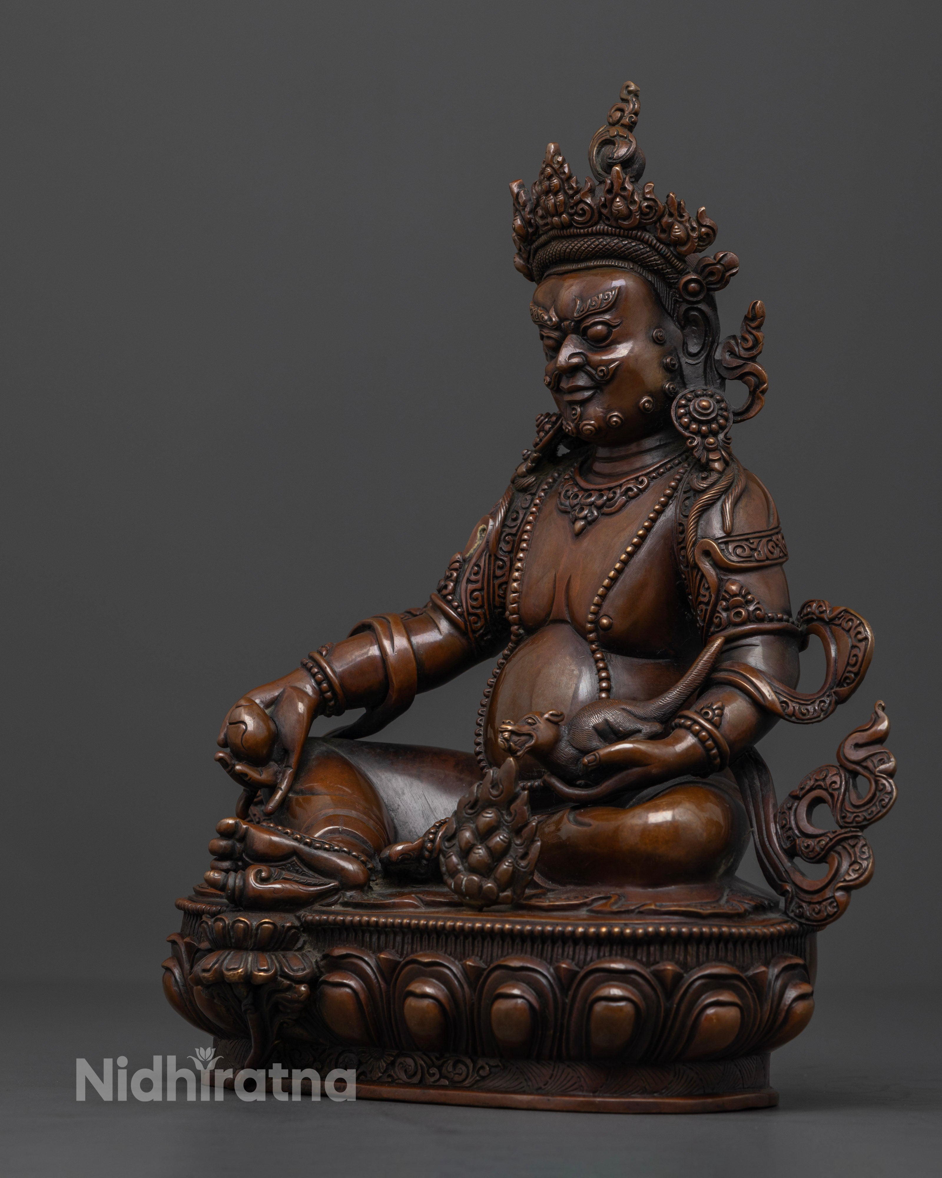 Hand-Carved Dzambhala Statue in Oxidized Copper