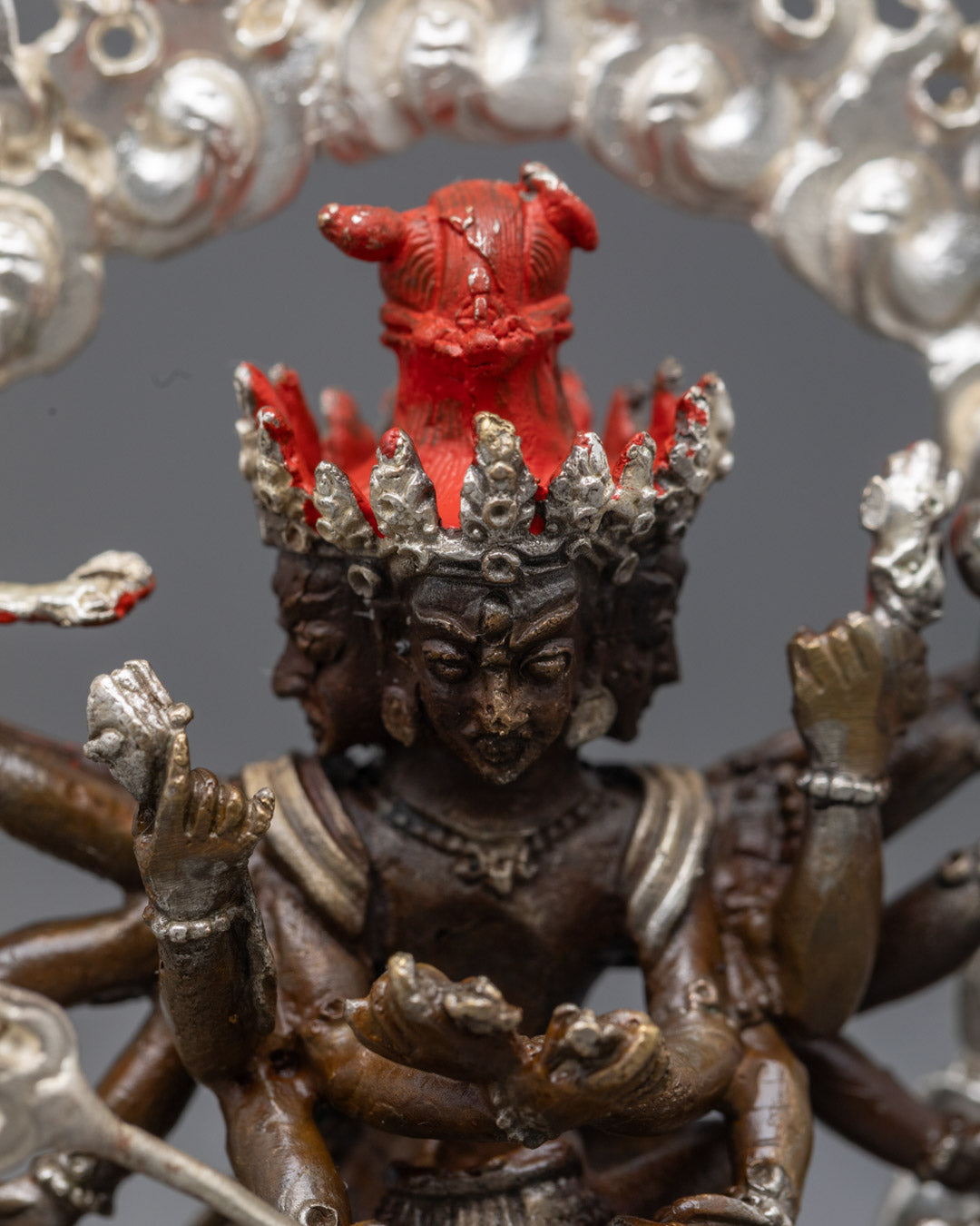 Acrylic painted Chakrasamvara statue featuring intricate details oxidized copper body and traditional tantric iconography