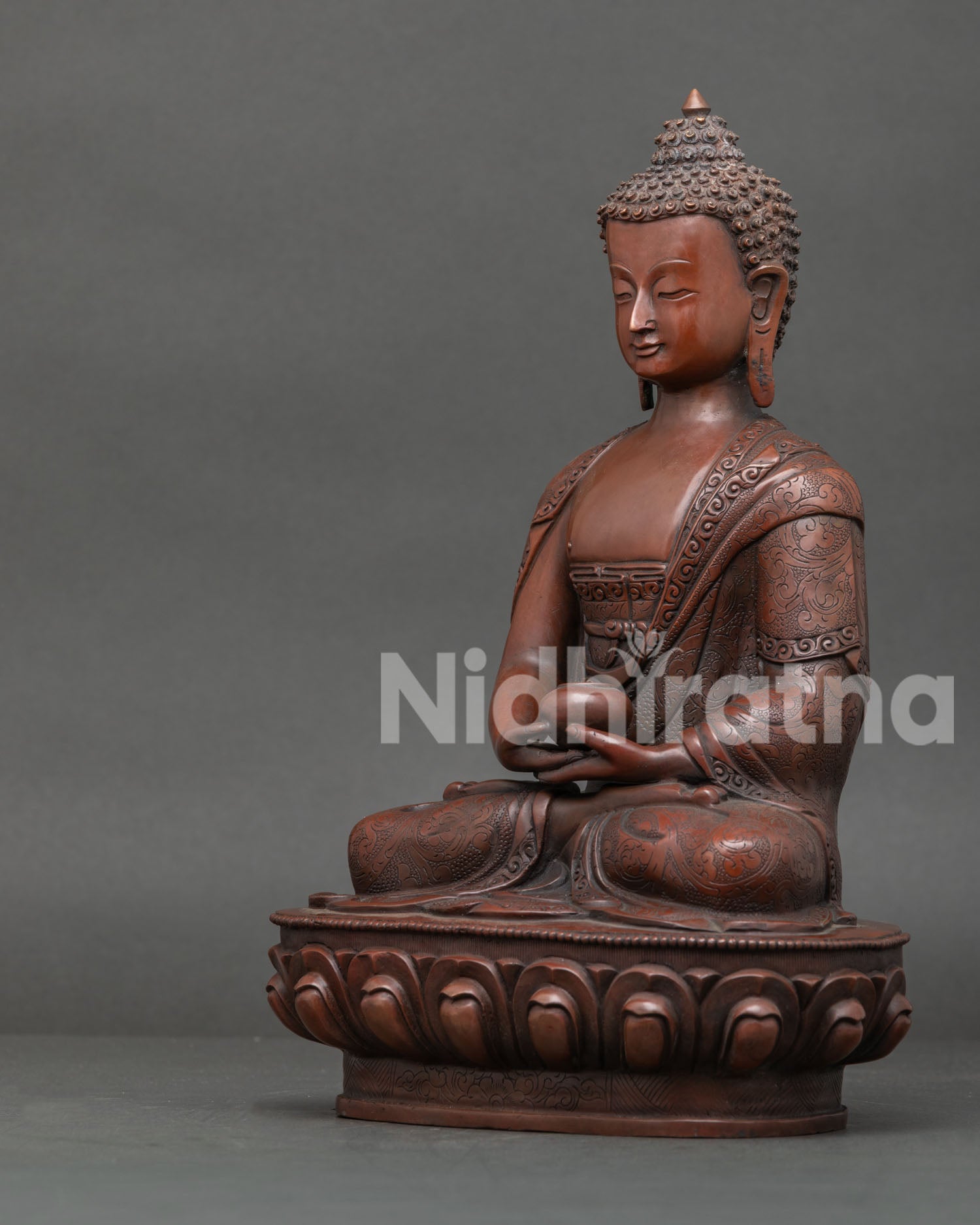 Amitabha Buddha side view seated on lotus throne flowing robe details handcrafted Nepal statue for meditation room and sacred spiritual space.