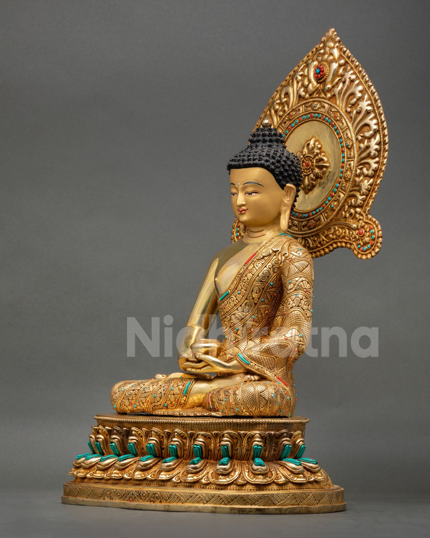right side view of amitabha buddha statue in dhyana mudra holding alms bowl