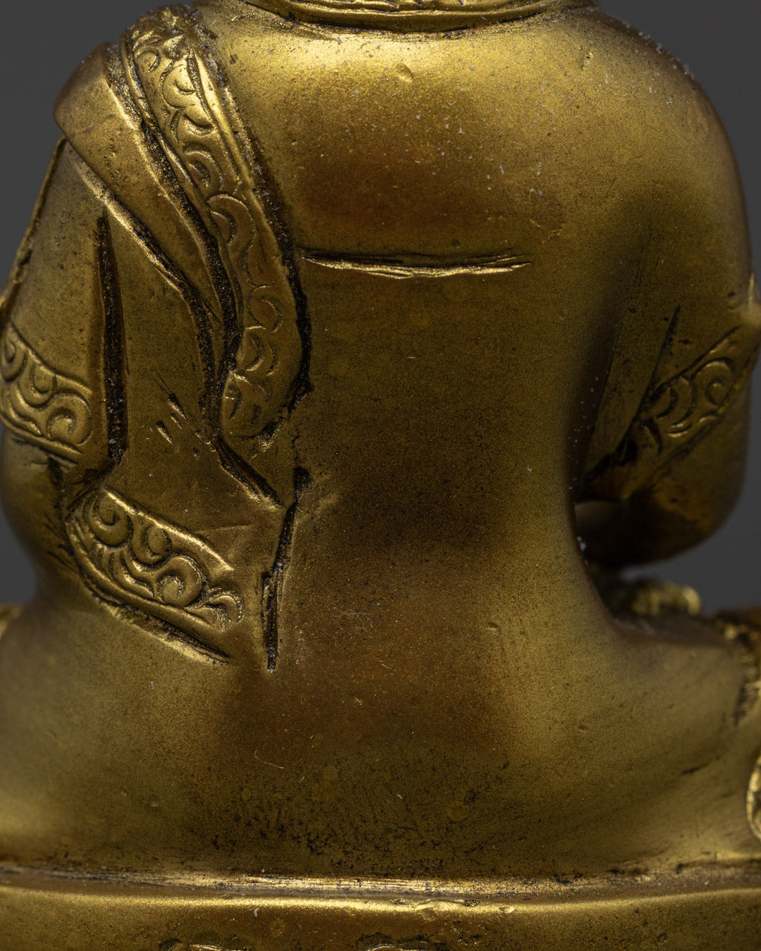 Back view of Handmade Sacred Trio Statue showcasing detailed robes and copper base carvings