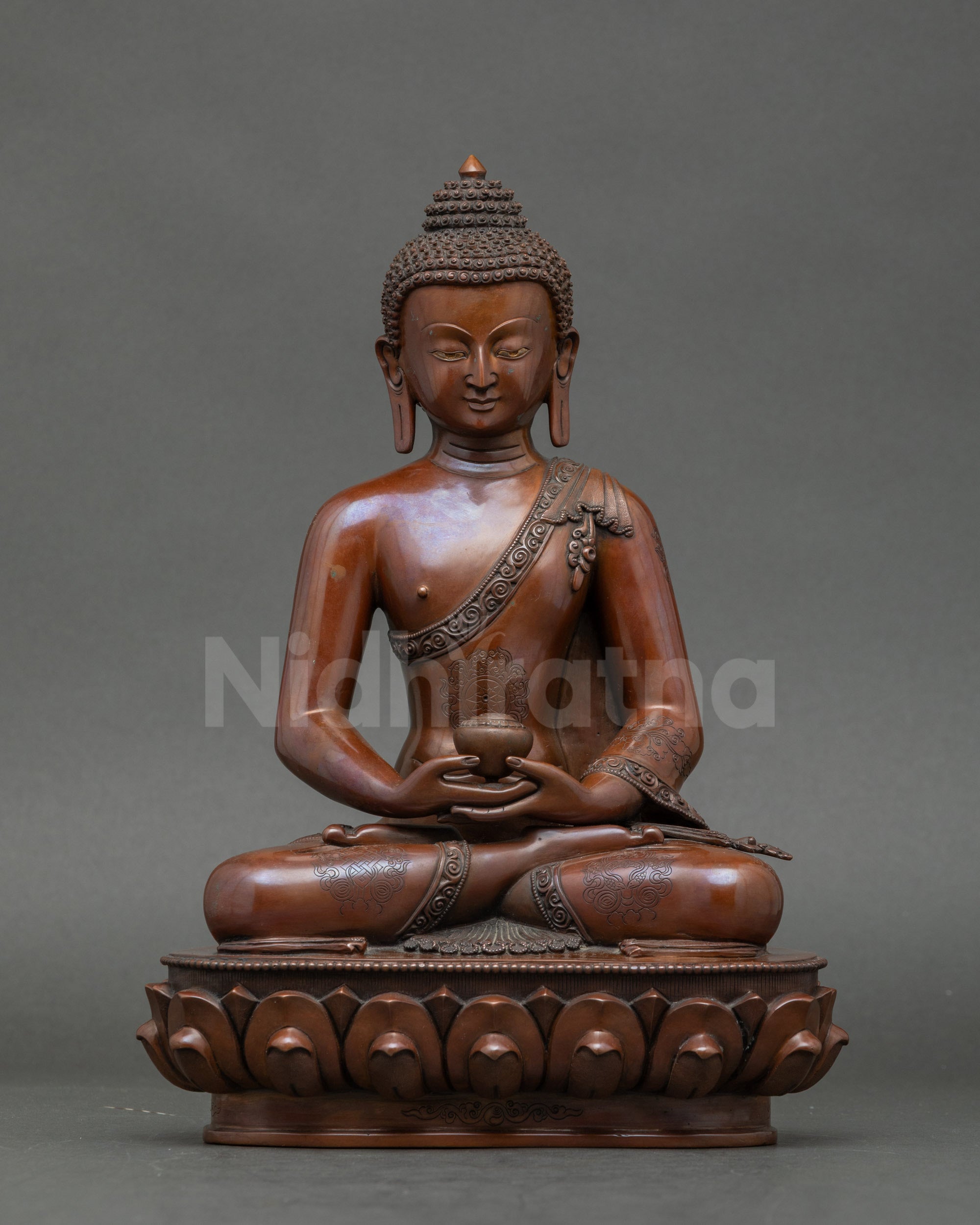Amitabha Buddha statue from Patan, Nepal, handcrafted gold-gilded meditation idol
