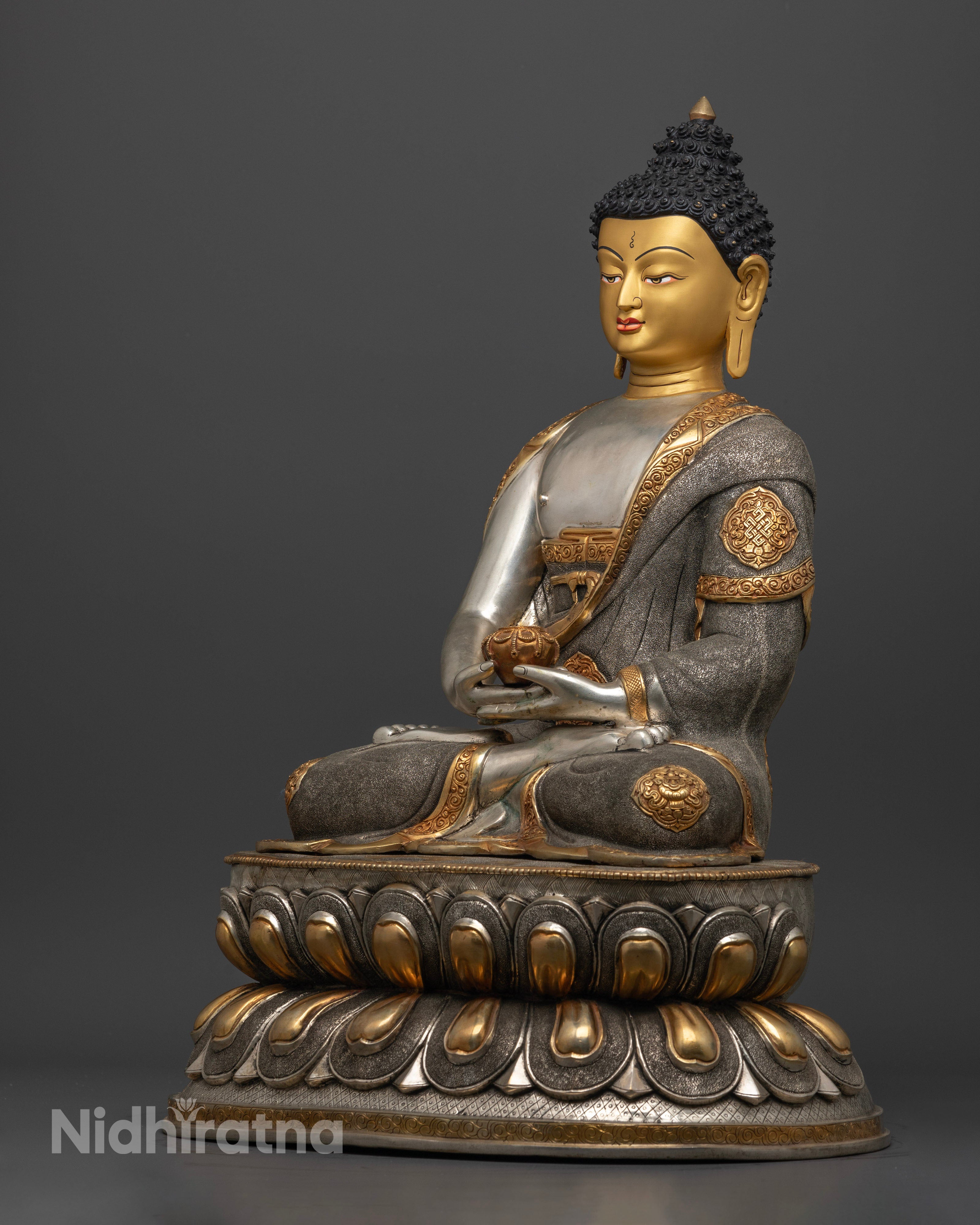 Amitabha Buddha statue, focusing on the radiant halo and fine detailing of the robe, representing purity, spiritual awakening, and transcendence from suffering.