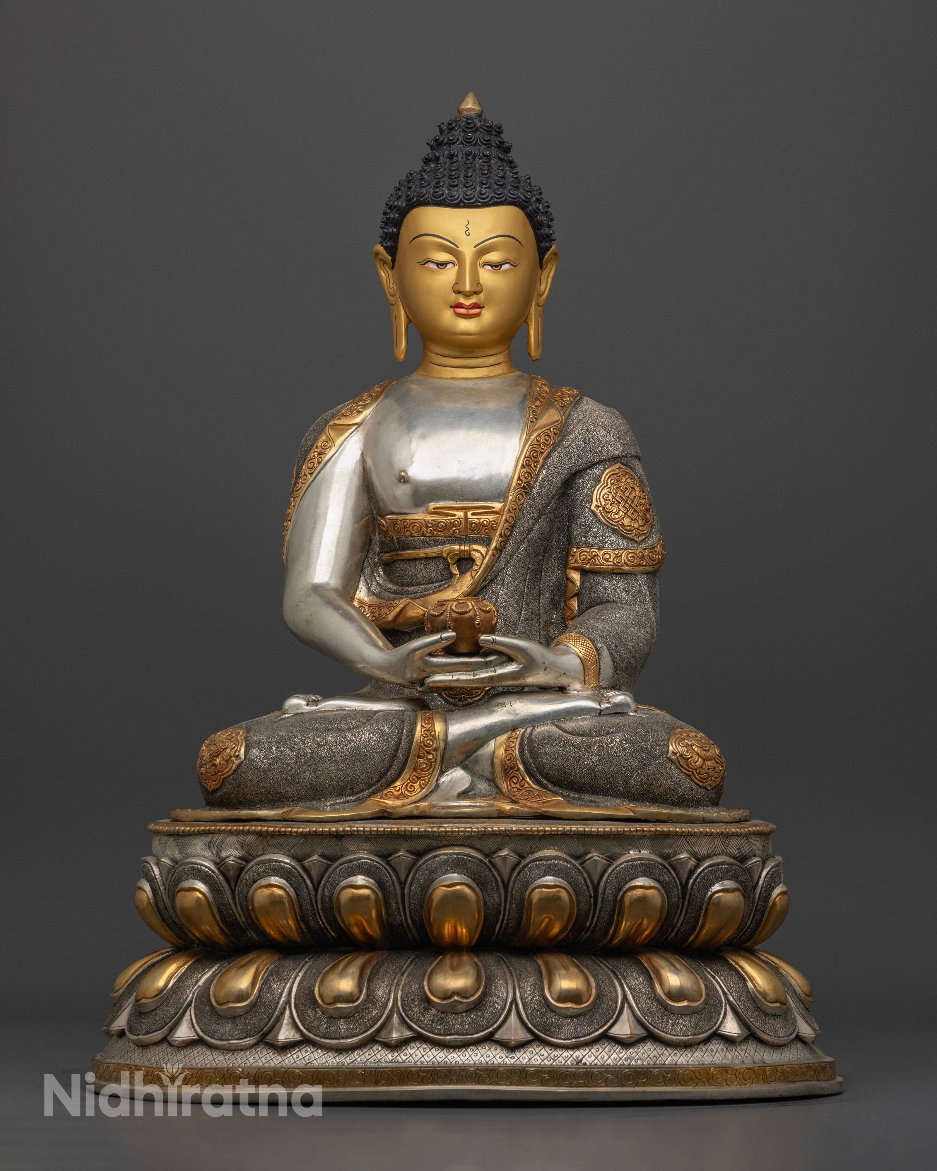 Amitabha Buddha statue seated serenely on a lotus throne, hands in dhyana mudra holding a monk’s bowl, symbolizing wisdom, compassion, and spiritual serenity.
