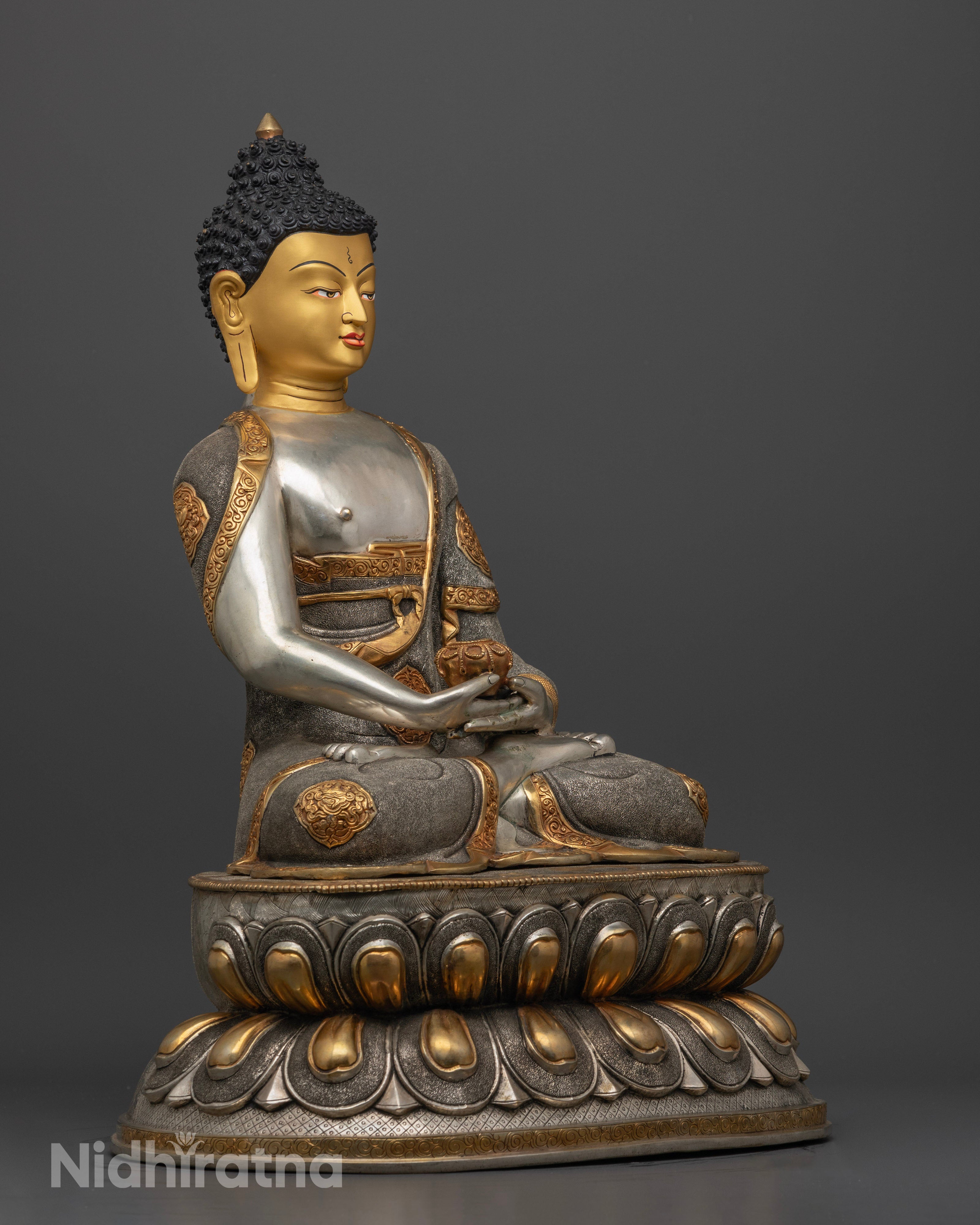 Amitabha Buddha statue, showcasing the elegant posture on the lotus throne, the flowing robe details, and the serene aura of boundless compassion.