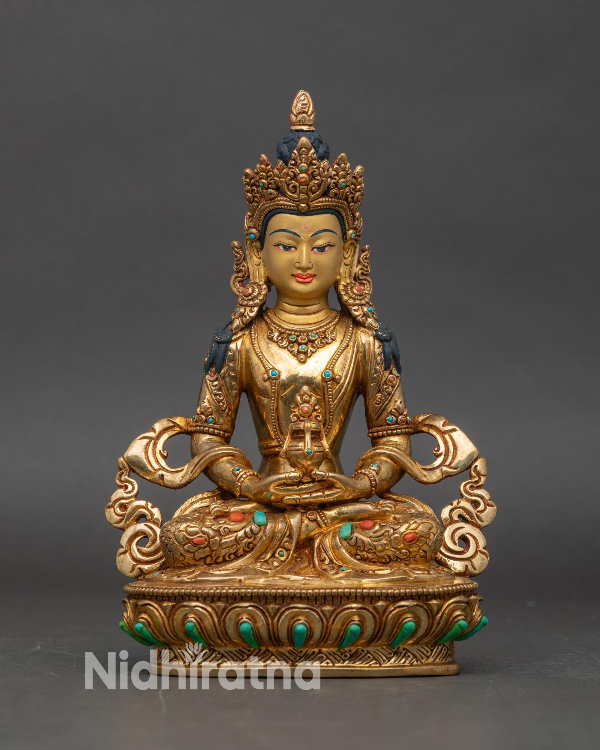 Amitayus Buddha statue front view gold gilded copper long life vase lotus throne Nepal