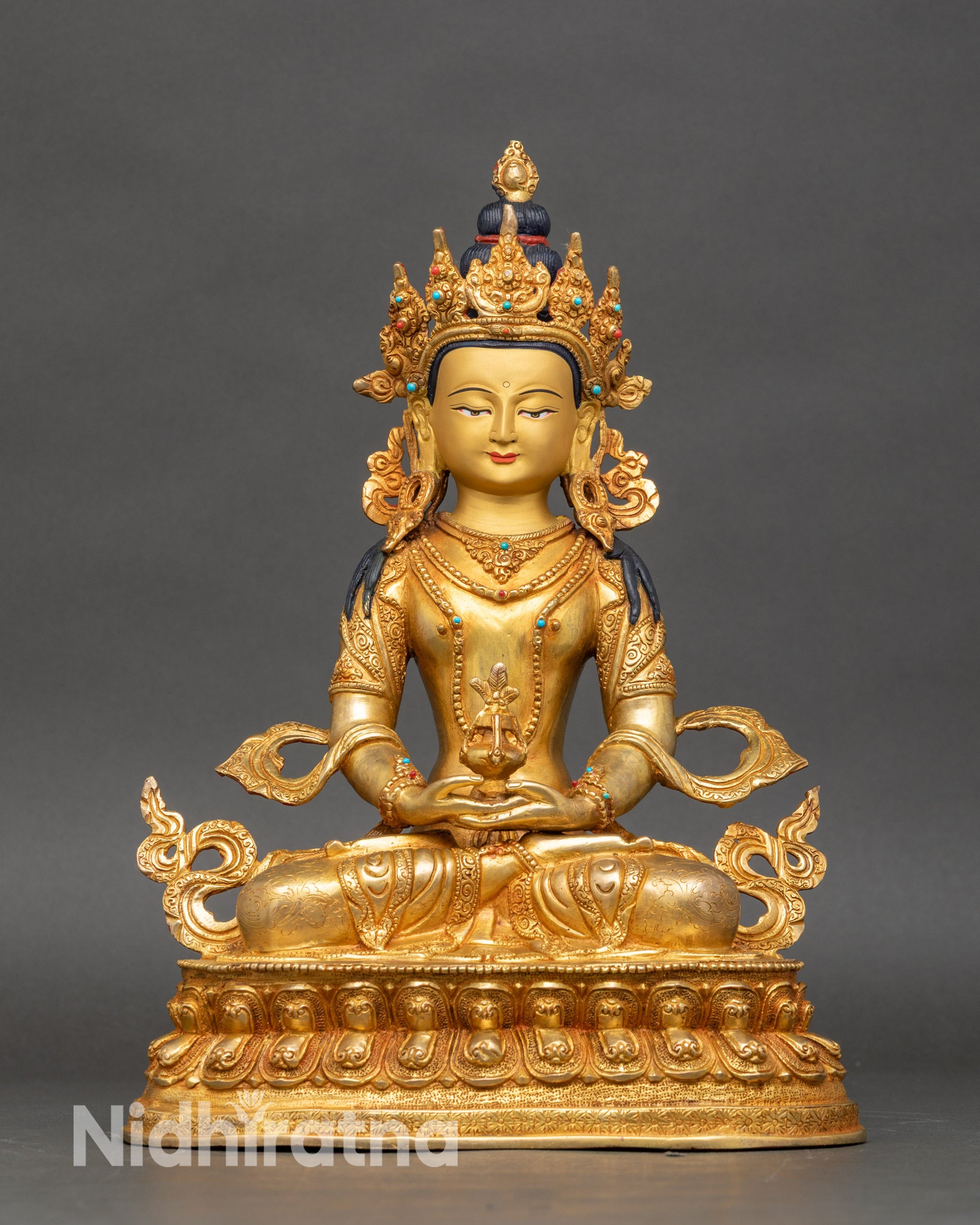 Amitayus Buddha statue front view, handcrafted copper with 24K gold fire-gilding
