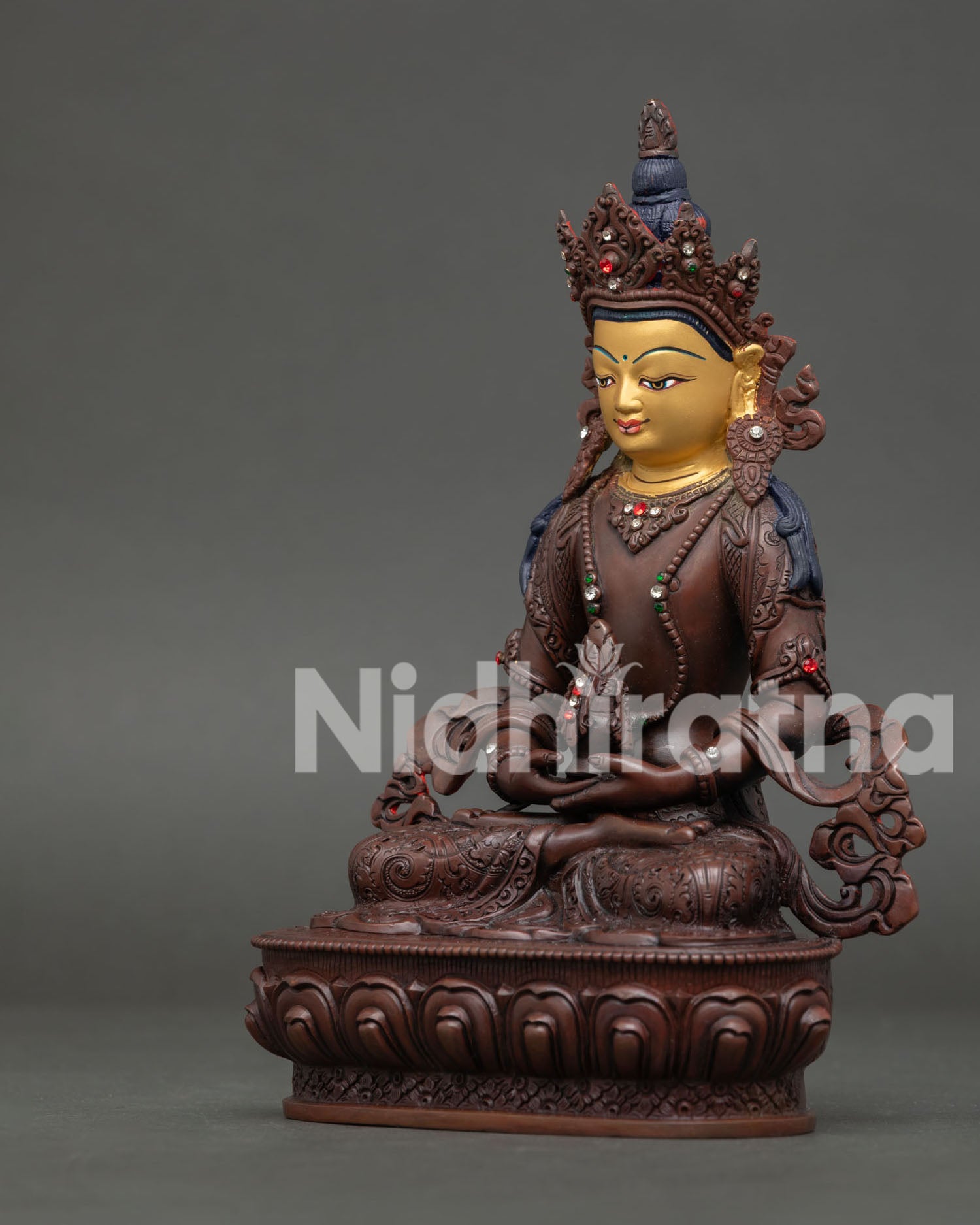 Amitayus Statue Handmade in Nepal Copper Oxidized Finish with Gold Painted Face.