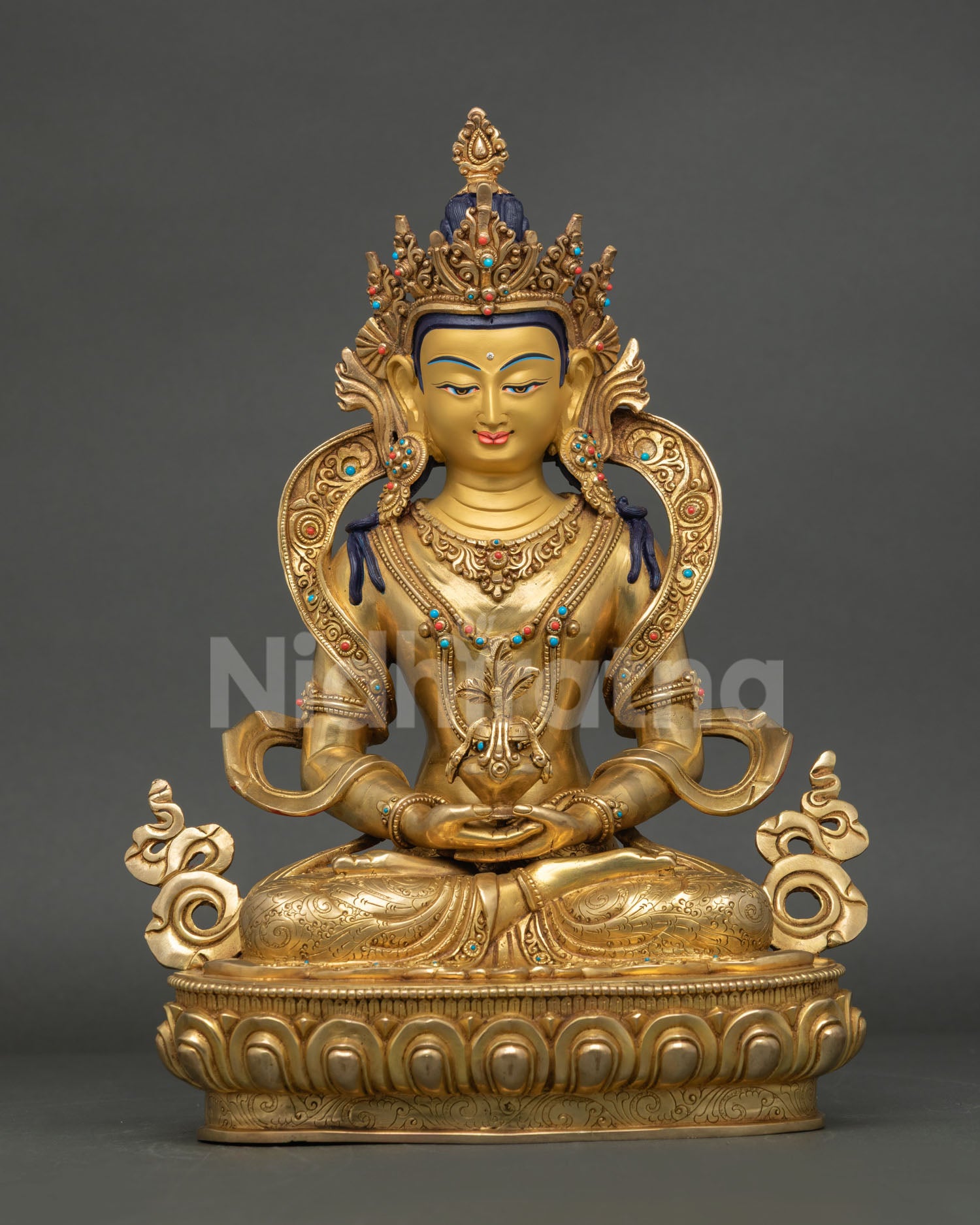 Amitayus statue holding long-life vase, gold fire-gilded copper Buddhist sculpture
