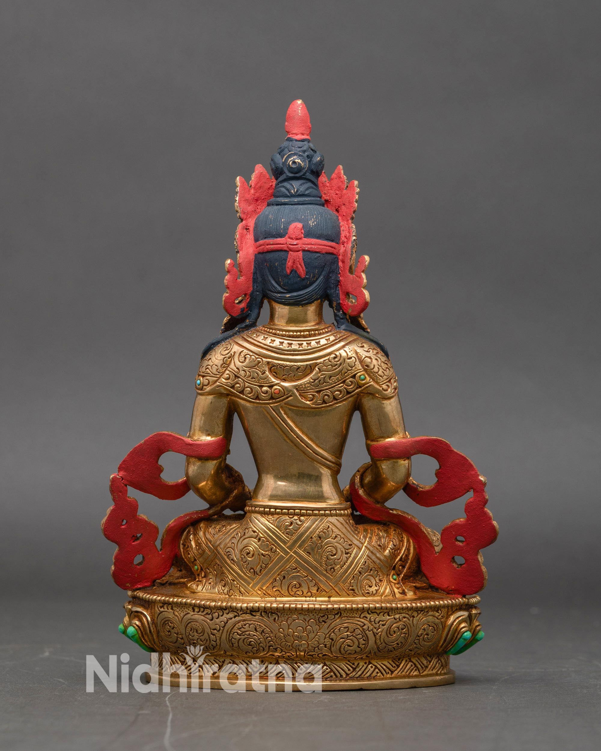 Back view Amitayus statue handcrafted copper gold gilded Buddhist sculpture Nepal