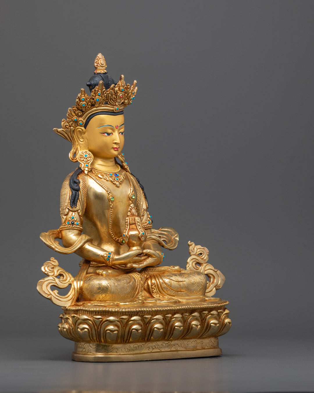 Side angle Amitayus Long Life Buddha Sculpture lost wax casting Patan Nepal spiritual art