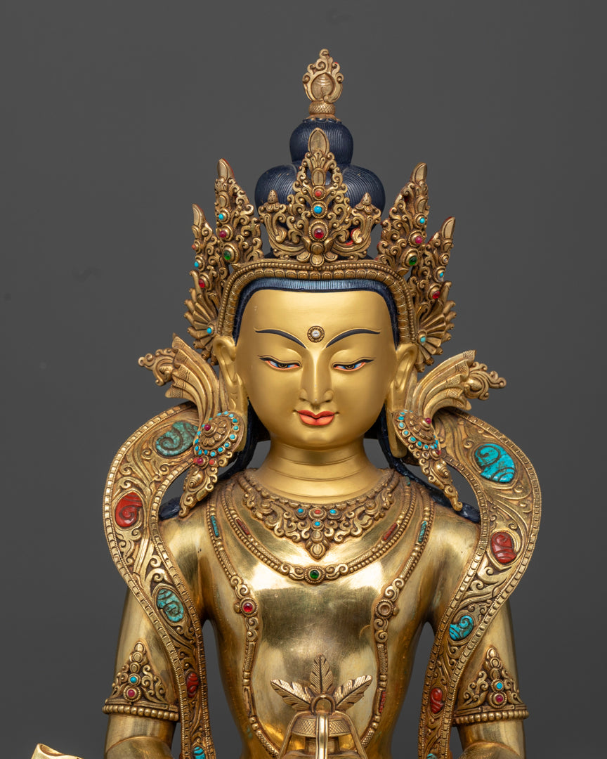 24k pure gold coated face of Amitayus buddha statue | Peaceful Amitayus for altar decor |Amitayus Buddha statue