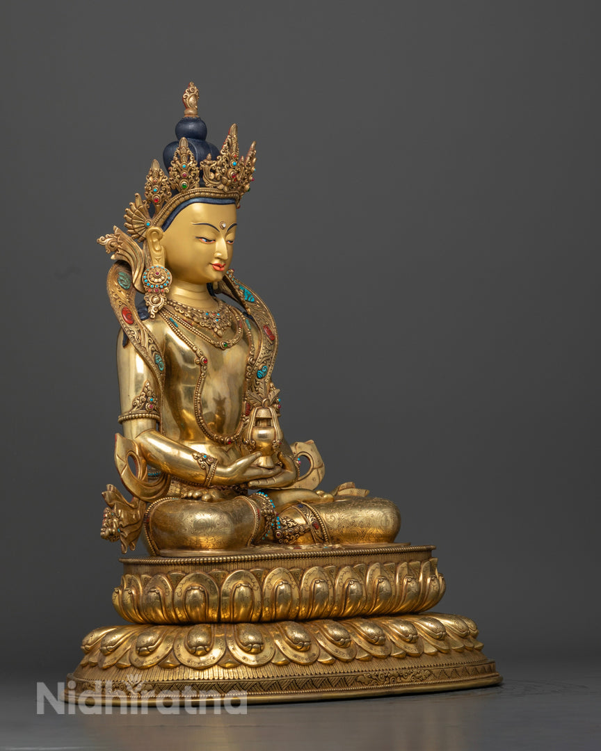 the side profile of gold plated amitayus statue | Intricate Amitayus Buddha sculpture | Amitayus Buddha figurine |