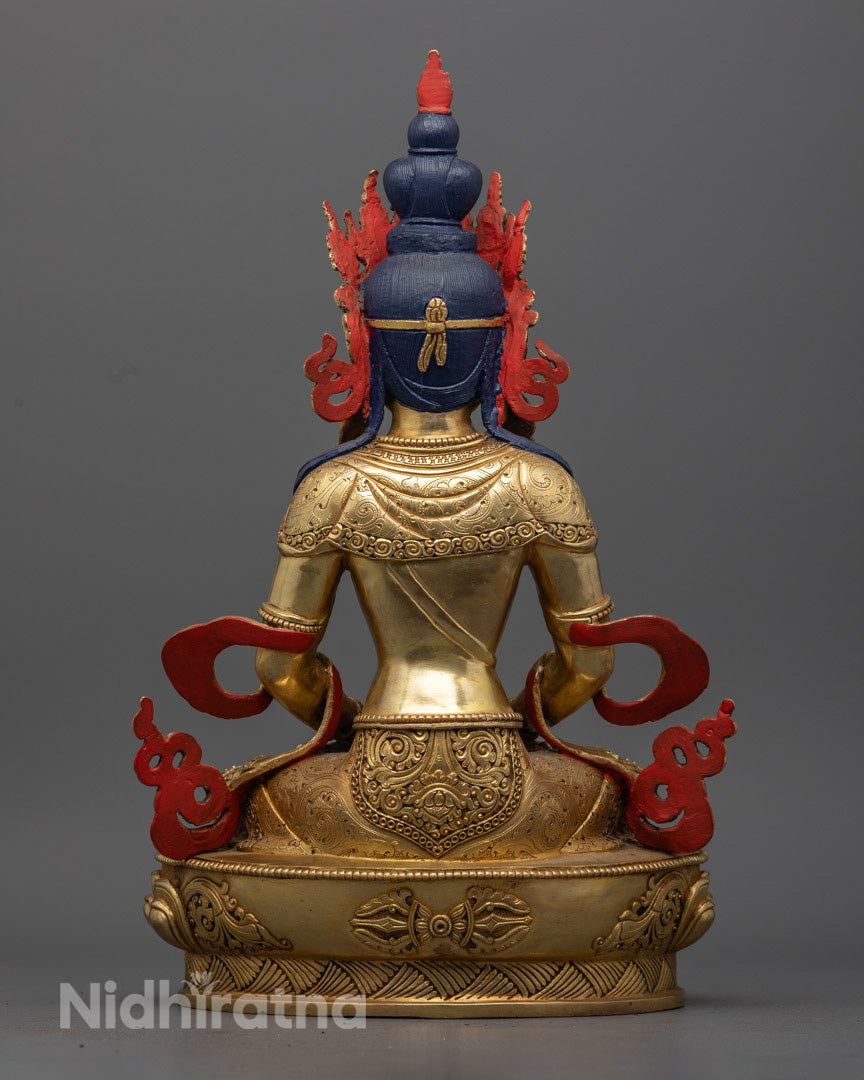 Amitayus Buddha Statue with vibrant semi-precious stones and 24k gold gilded copper, perfect for Buddhist altar decor