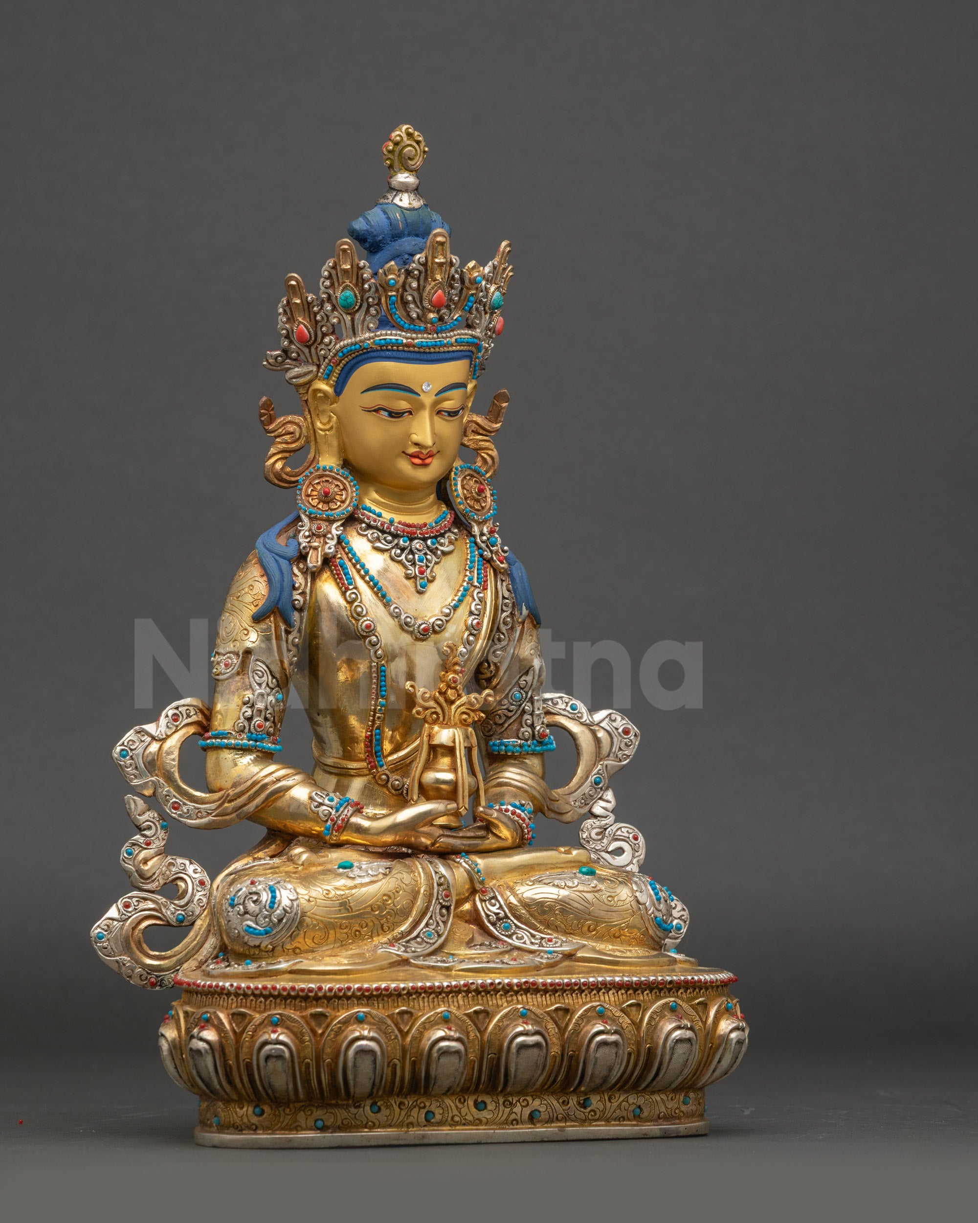 Amitayus Buddha right side view gold-gilded Nepalese copper statue
