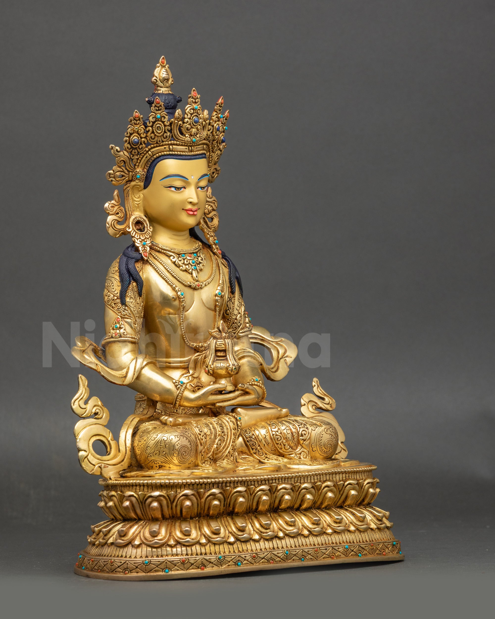 Amitayus Buddha right side view ornate halo long-life vase lotus pedestal