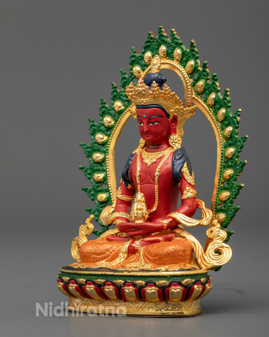 Amitayus Buddha statue holding nectar, seated on multi-colored lotus throne with moon disc base