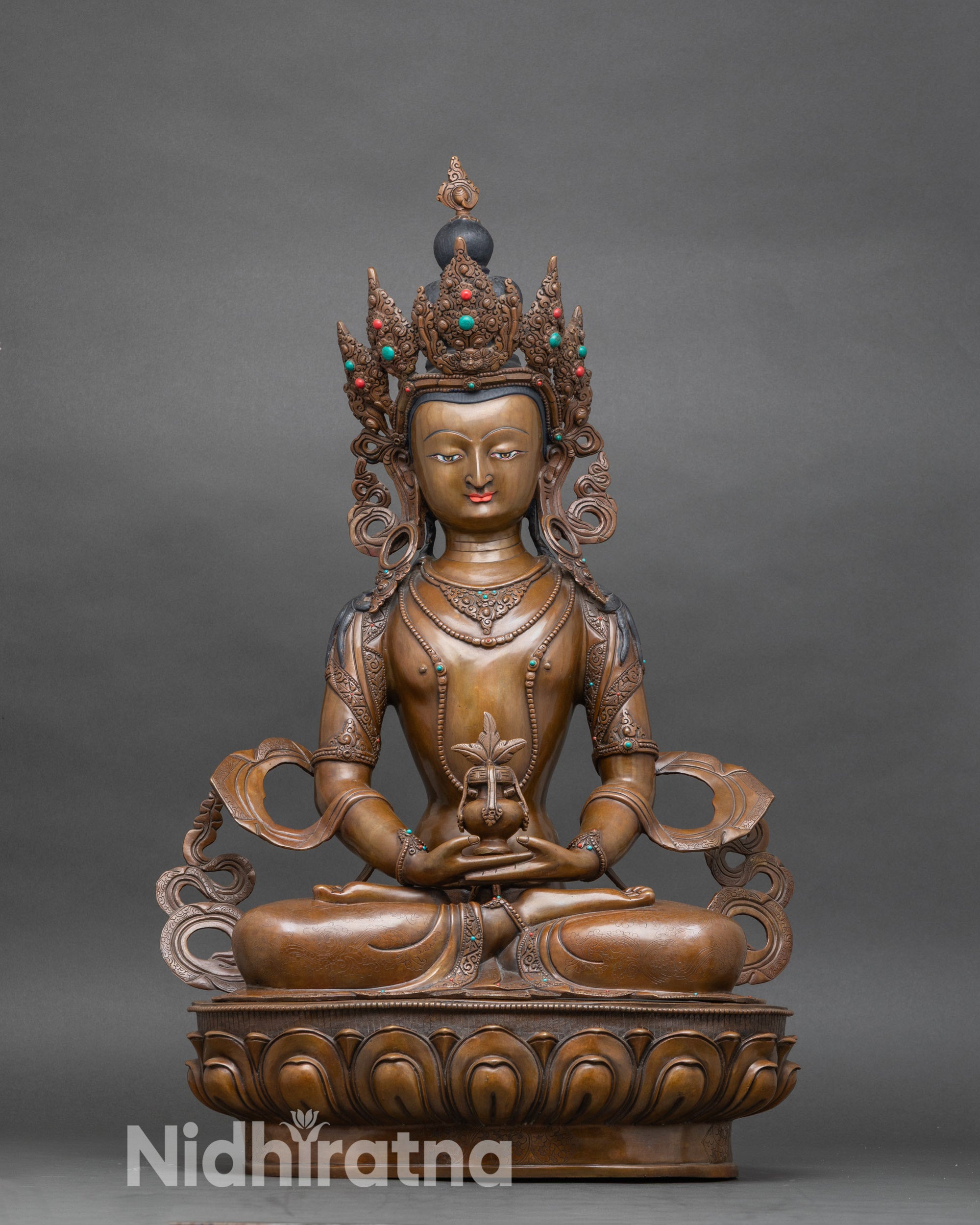 Amitayus Buddha statue on lotus throne, handcrafted Nepalese copper with semi-precious stones