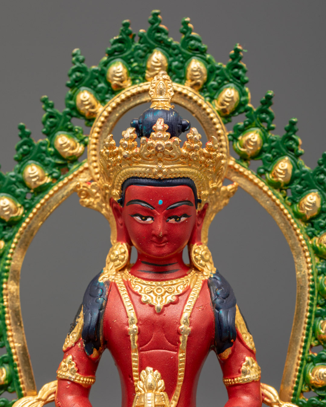 Amitayus Buddha statue’s detailed jewelry and floating robe painted with rich acrylic colors