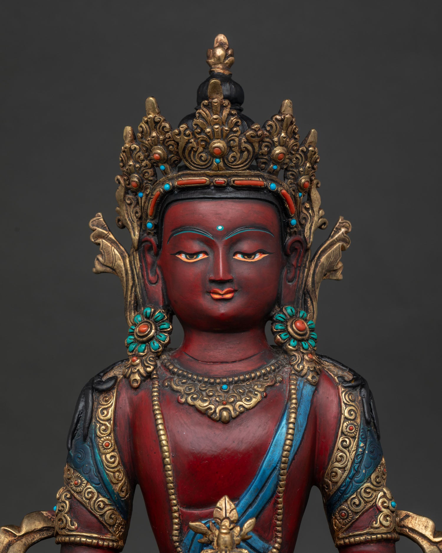Amitayus Face Close Up with Jewel Studded Crown and Gold Gilded Finish.